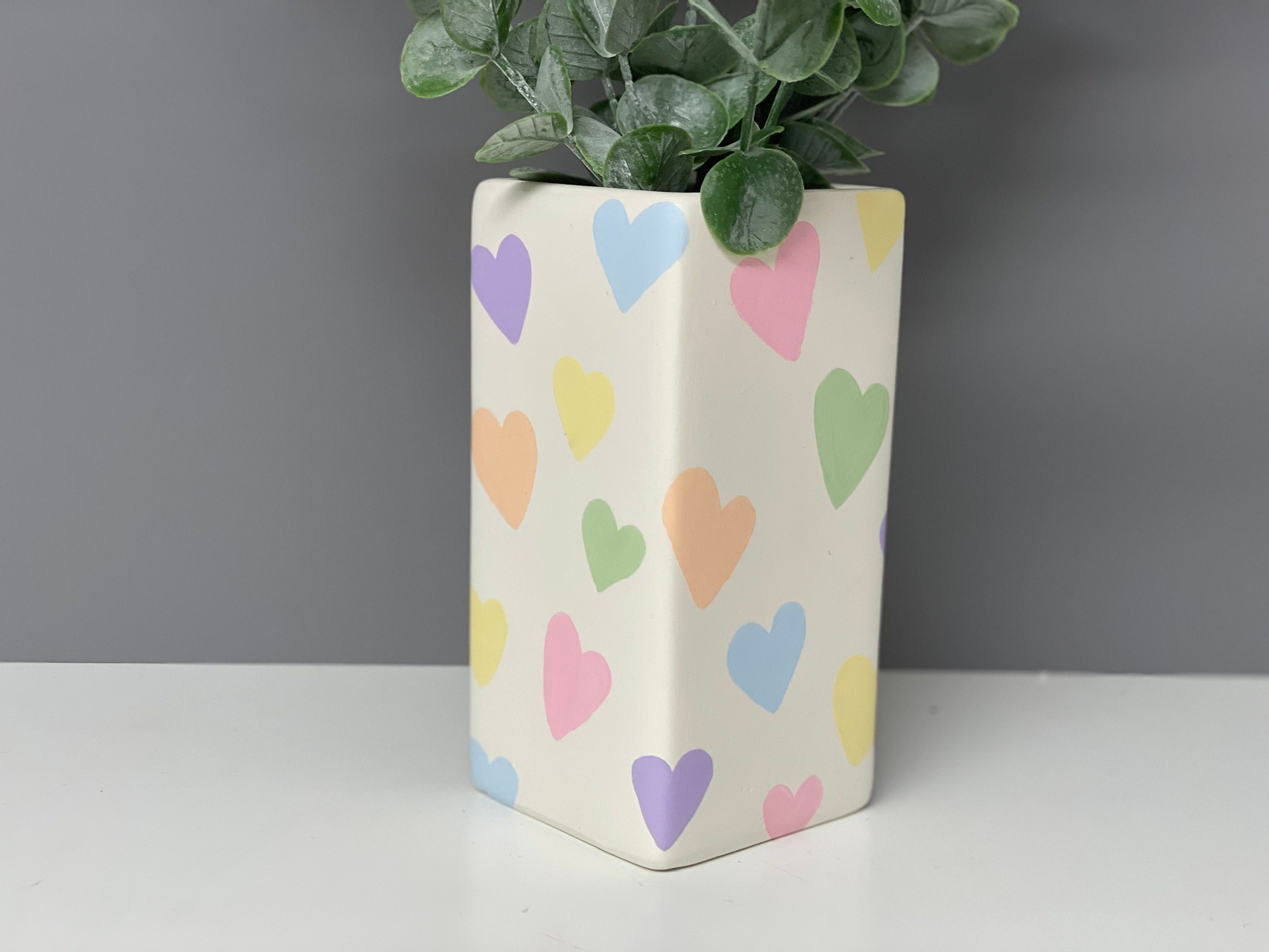 Hand painted ceramic pastel hearts vase, pastel rainbow, valentines gift, Mother’s Day.