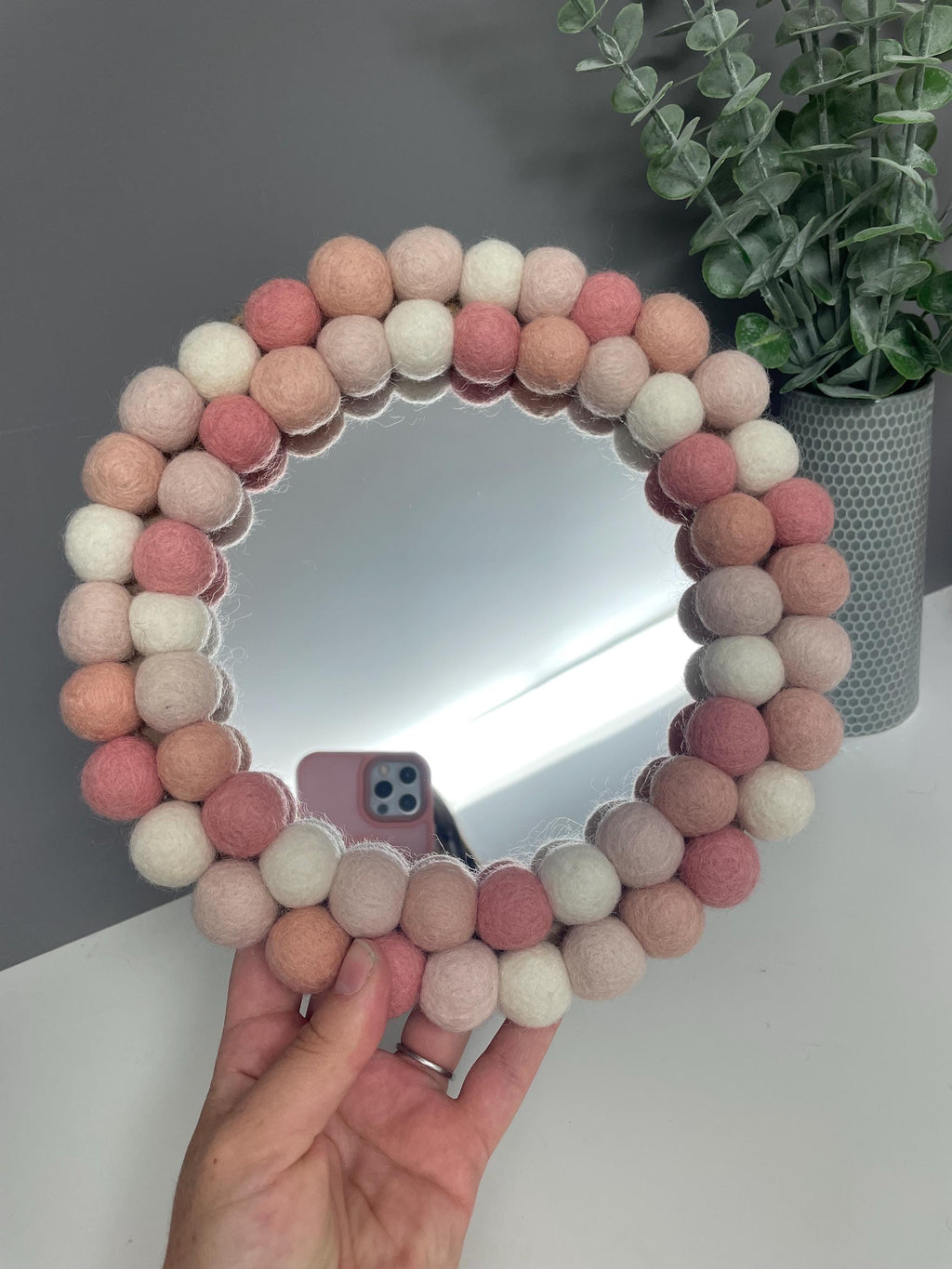 Pom Pom Wall Mirror, Pink & White Wool Felt Nursery Decor, circular mirror