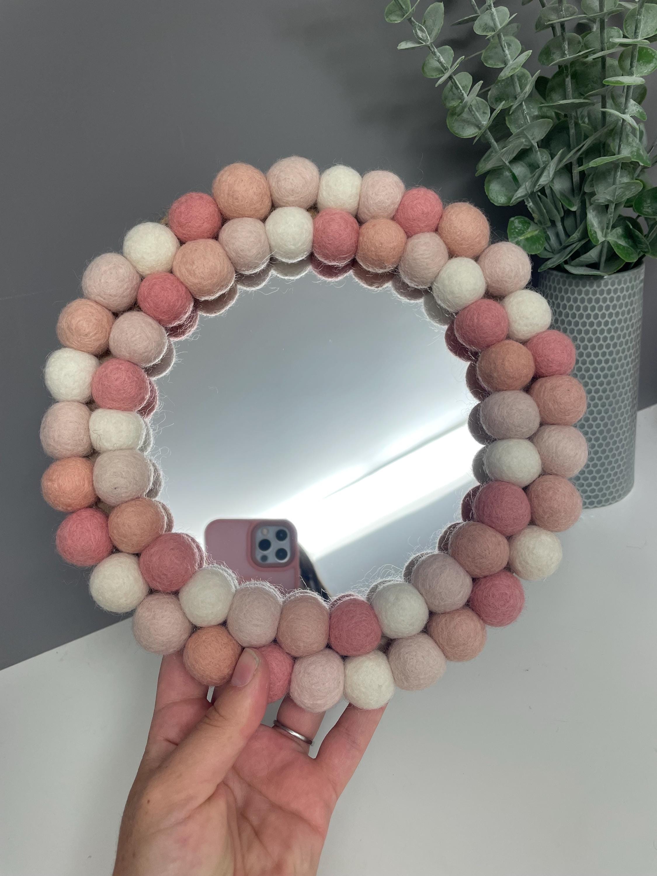 Pom Pom Wall Mirror, Pink & White Wool Felt Nursery Decor, circular mirror