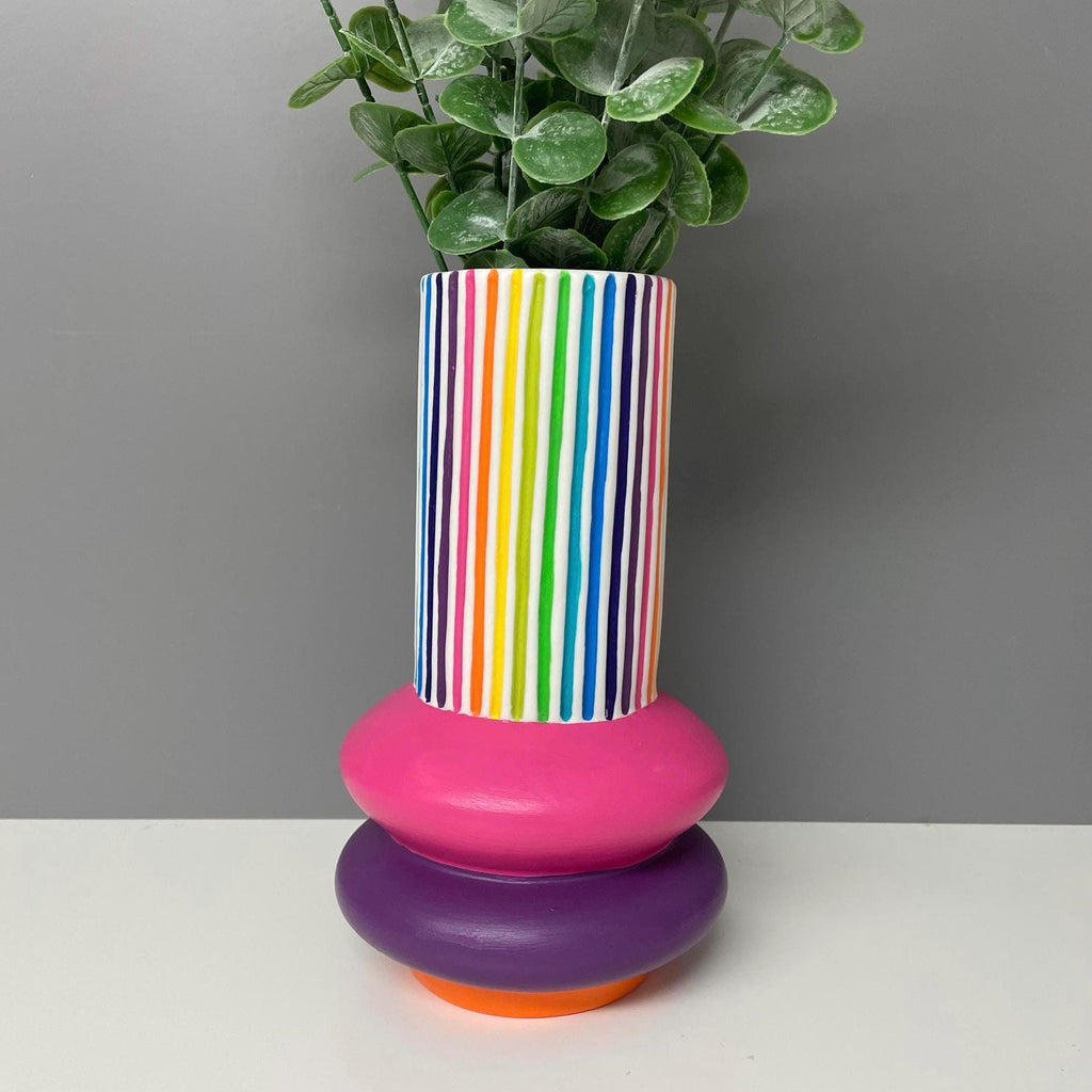 Handpainted Ceramic Vase: Rainbow Stripe Flower Vase
