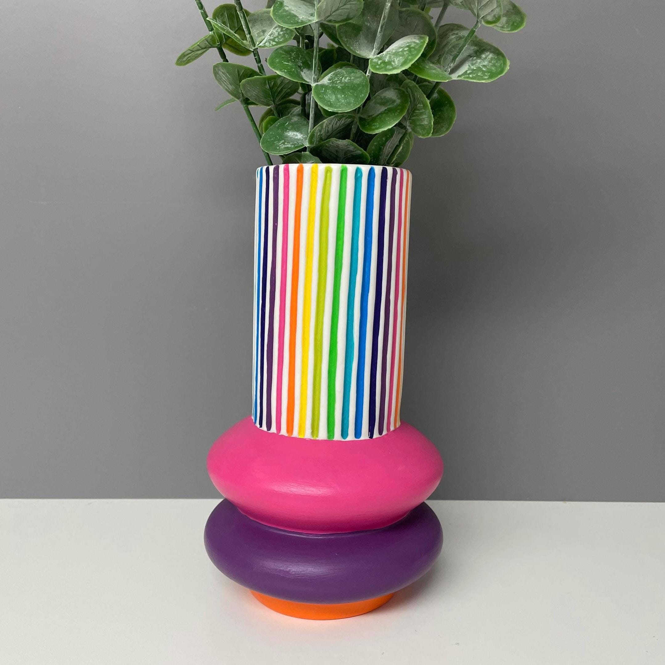 Handpainted Ceramic Vase: Rainbow Stripe Flower Vase