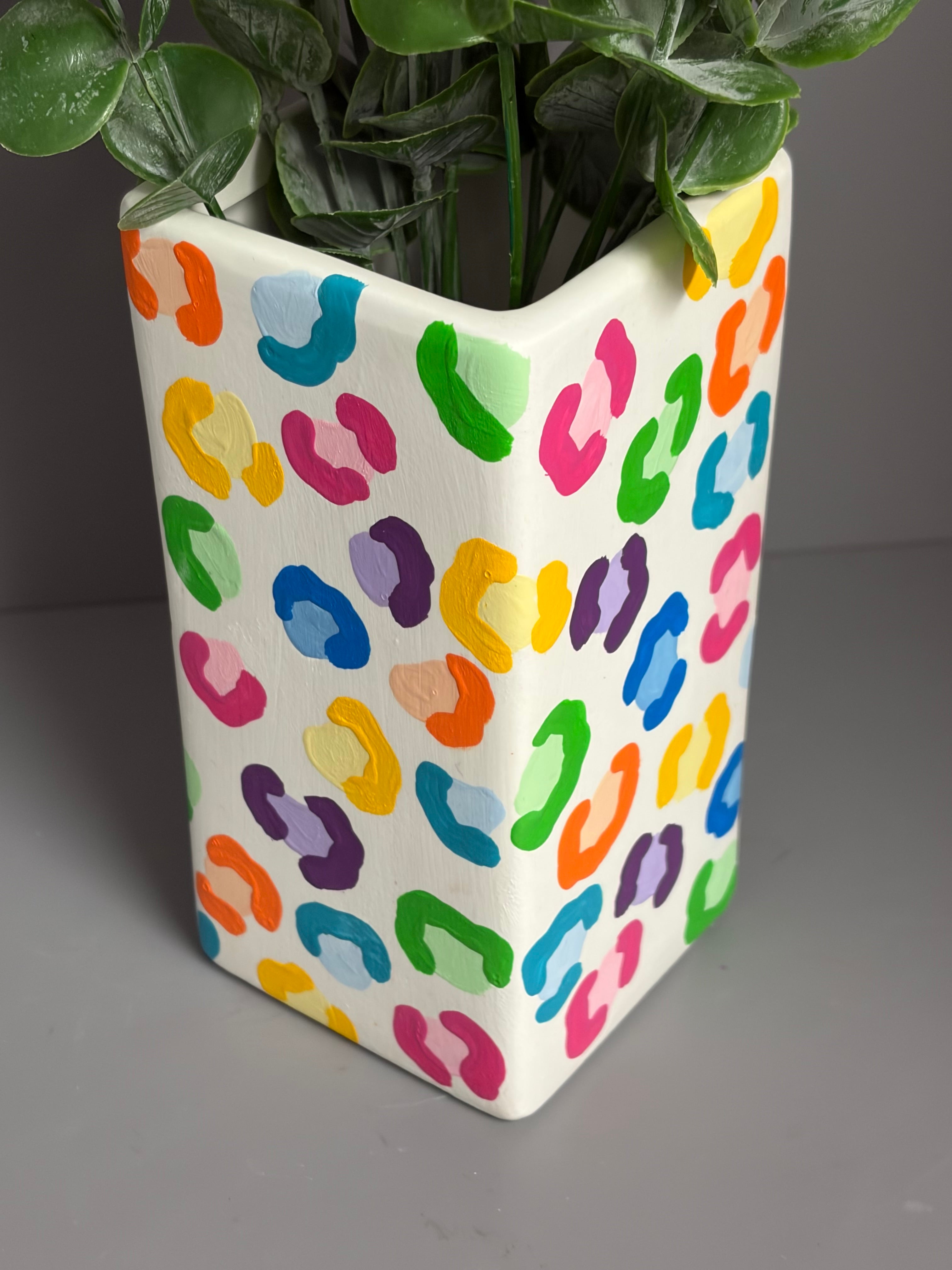 Hand painted vibrant leopard print ceramic vase