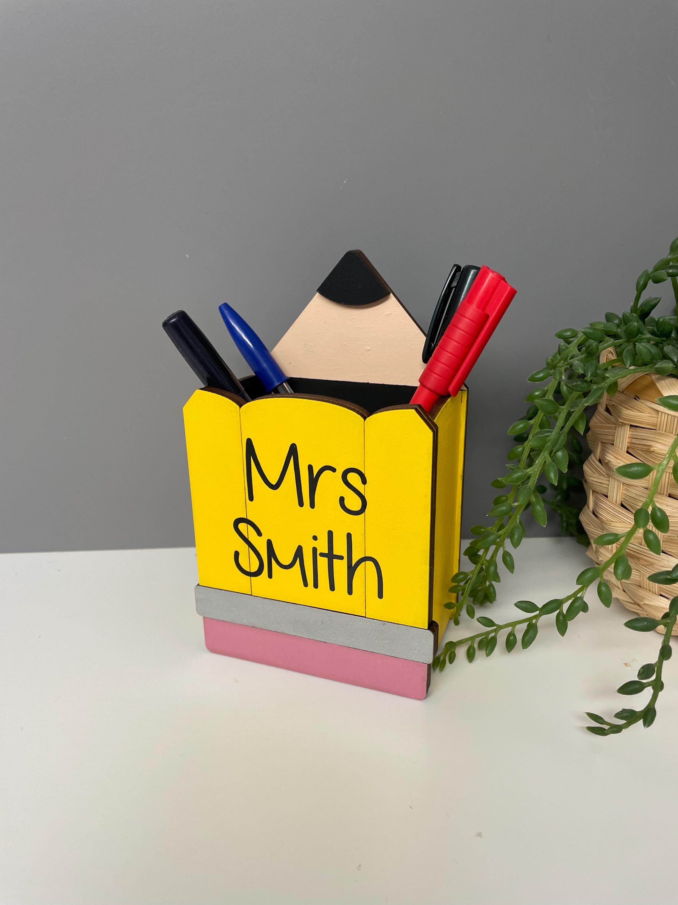 Personalized Teacher Pen Pot, Wooden Pencil Desk Organizer
