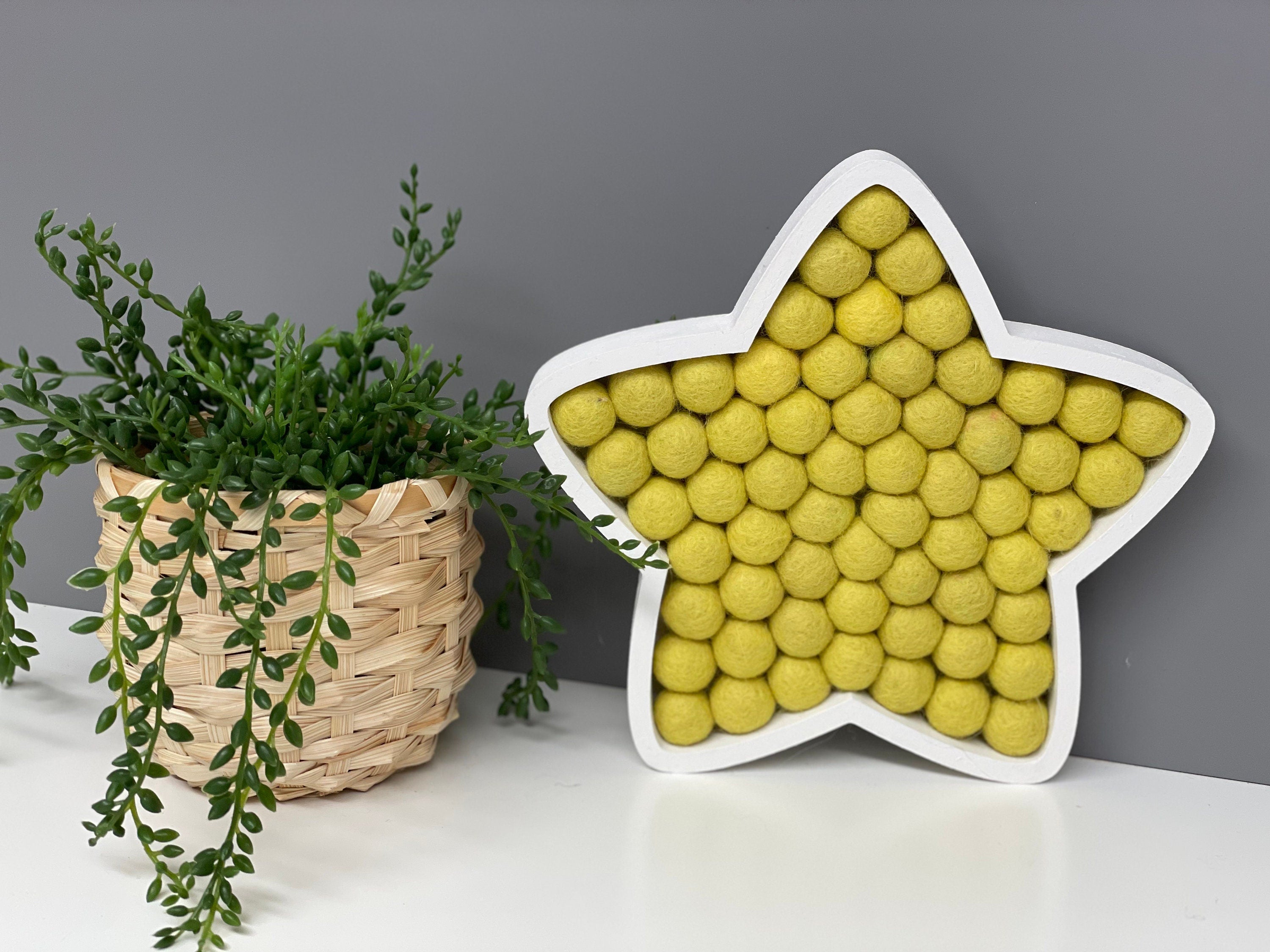 Wool felt Pom Pom star - fillable star - wooden star - nursery decor - Pom Pom decor