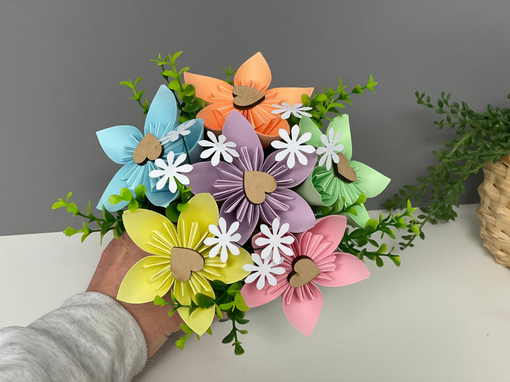 Paper flower pot, pastel paper flowers, Mother’s Day, table decorations, valentines.