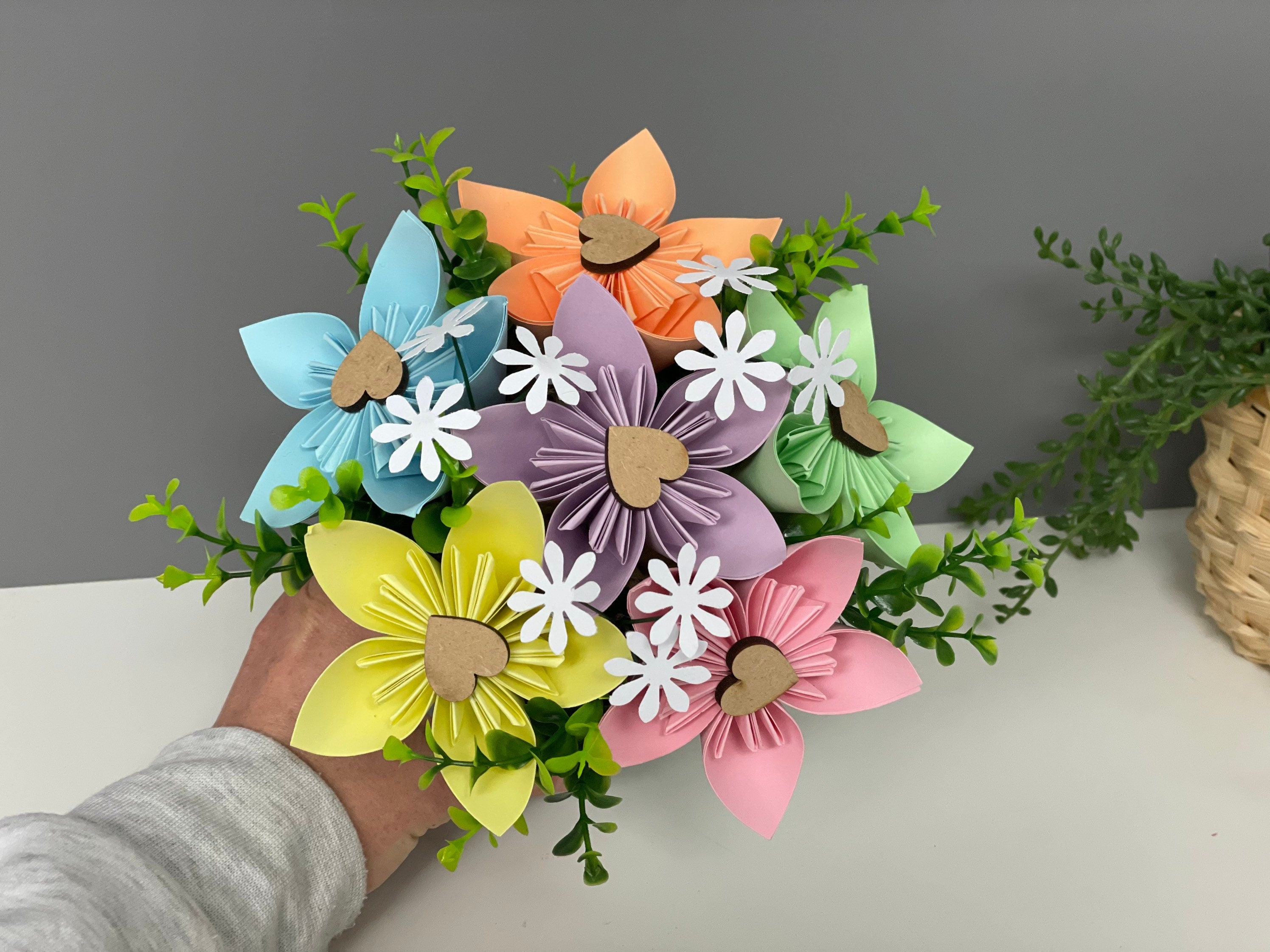 Paper flower pot, pastel paper flowers, Mother’s Day, table decorations, valentines.
