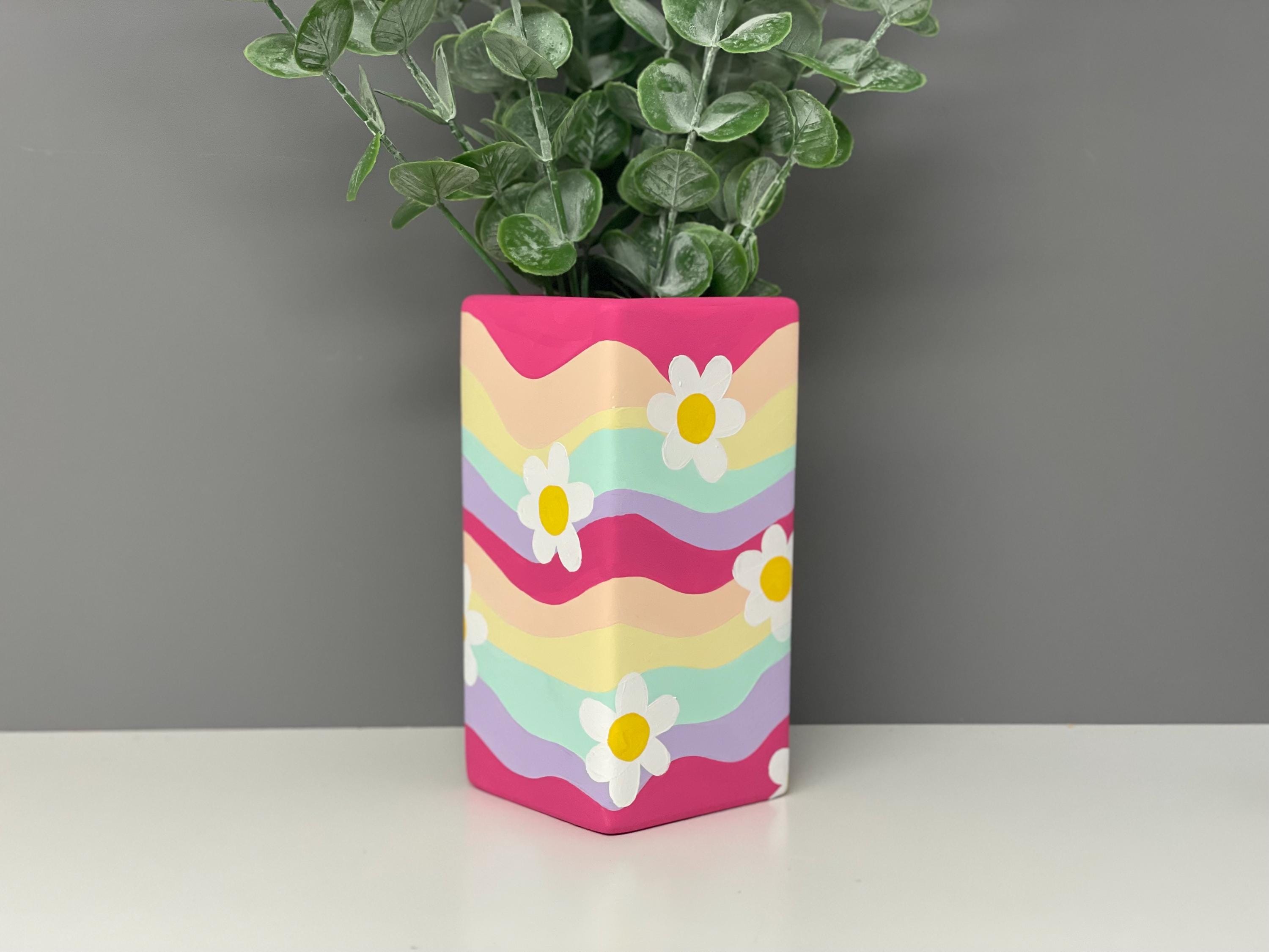 Flower, smiley face hand painted pastel coloured waves ceramic vase
