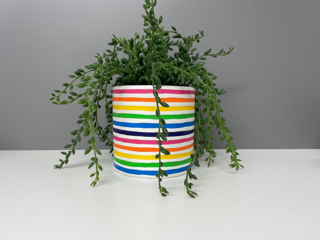 Hand Painted Ceramic Plant Pot, Rainbow Stripe Design. Bright plant pot