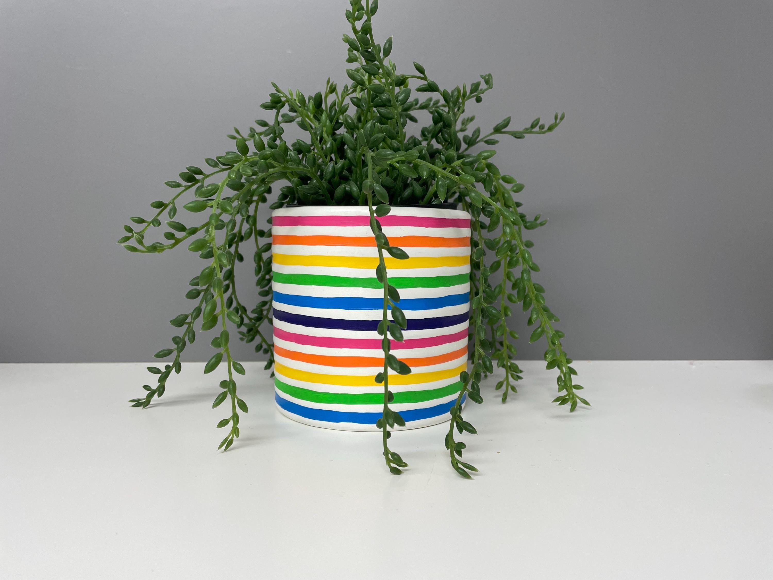 Hand Painted Ceramic Plant Pot, Rainbow Stripe Design. Bright plant pot