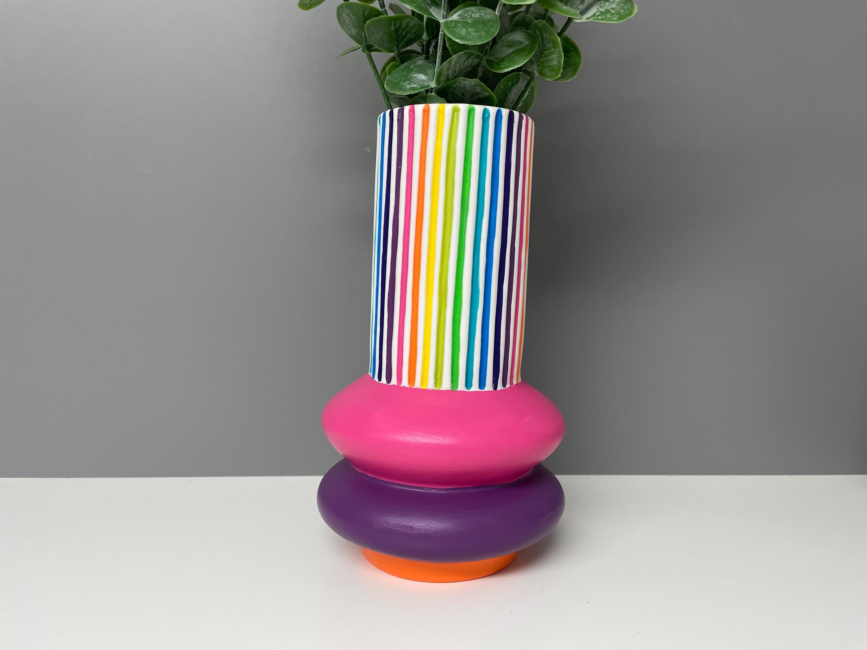 Handpainted Ceramic Vase: Rainbow Stripe Flower Vase