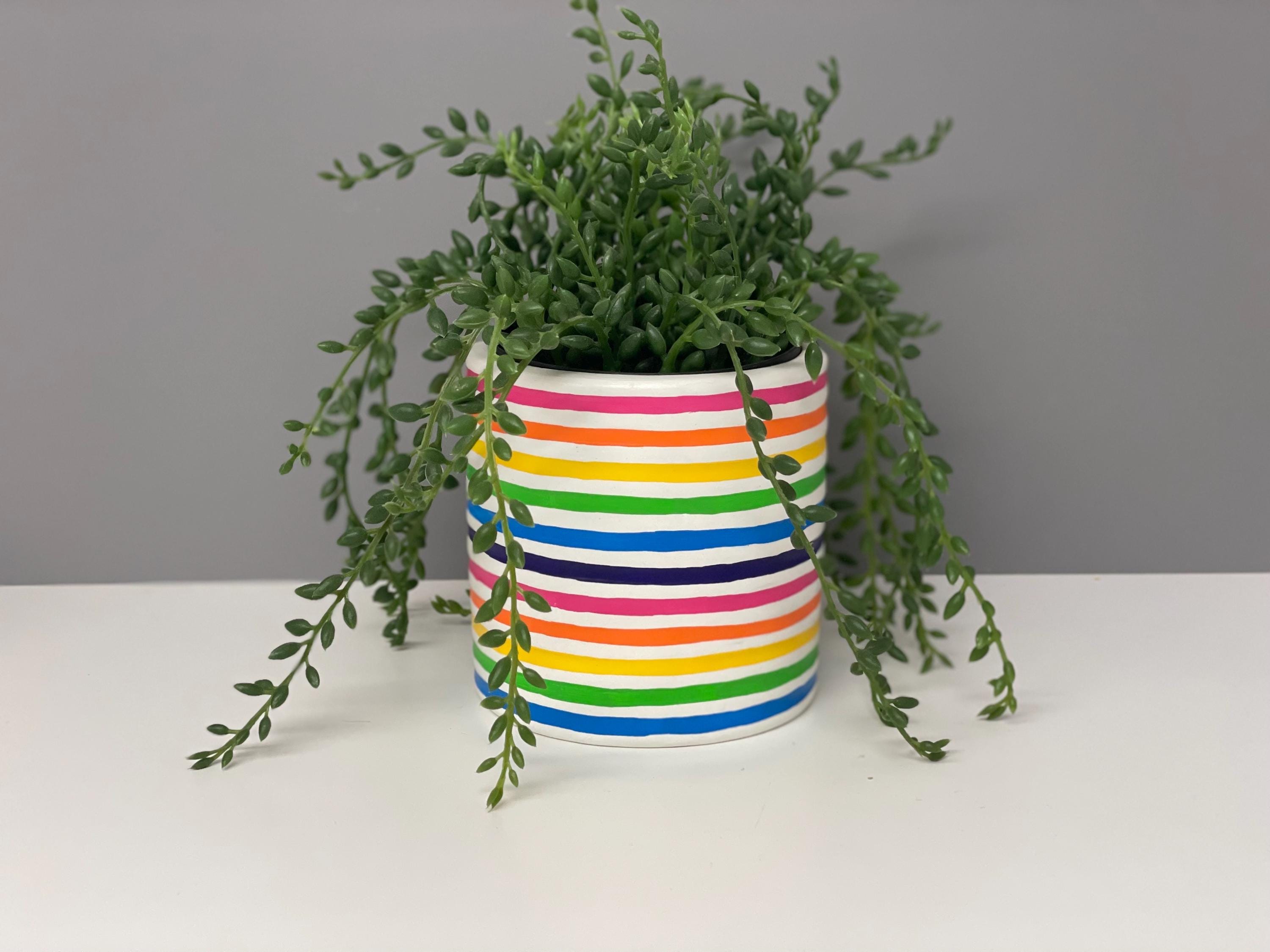 Hand Painted Ceramic Plant Pot, Rainbow Stripe Design. Bright plant pot