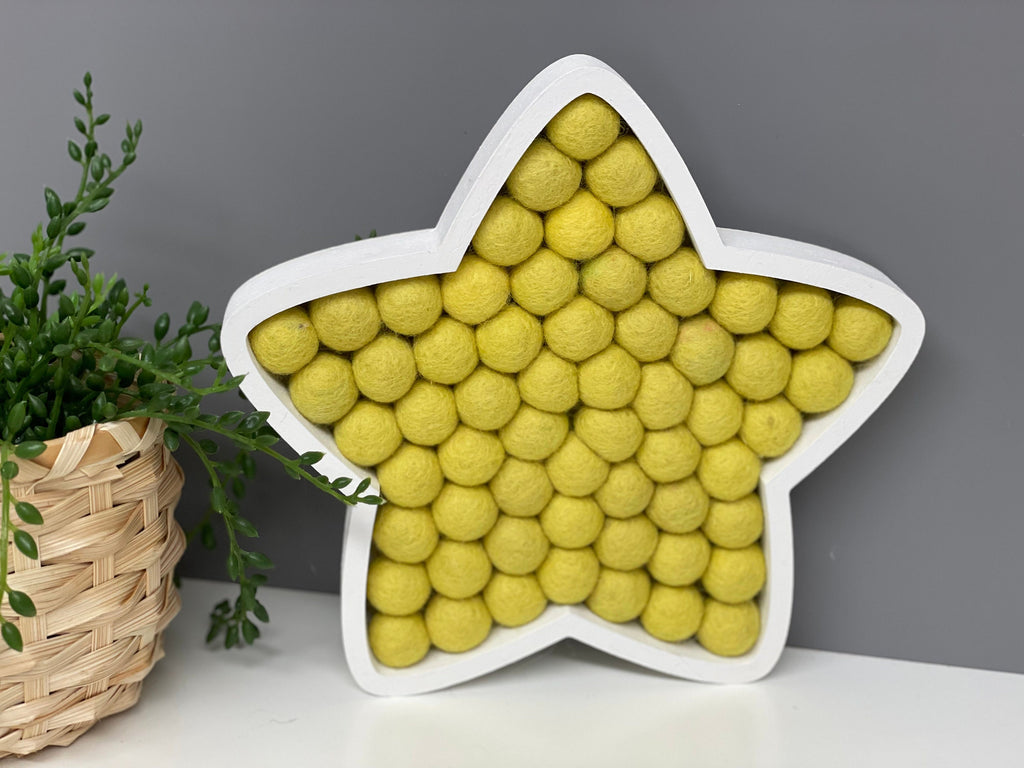 Wool felt Pom Pom star - fillable star - wooden star - nursery decor - Pom Pom decor