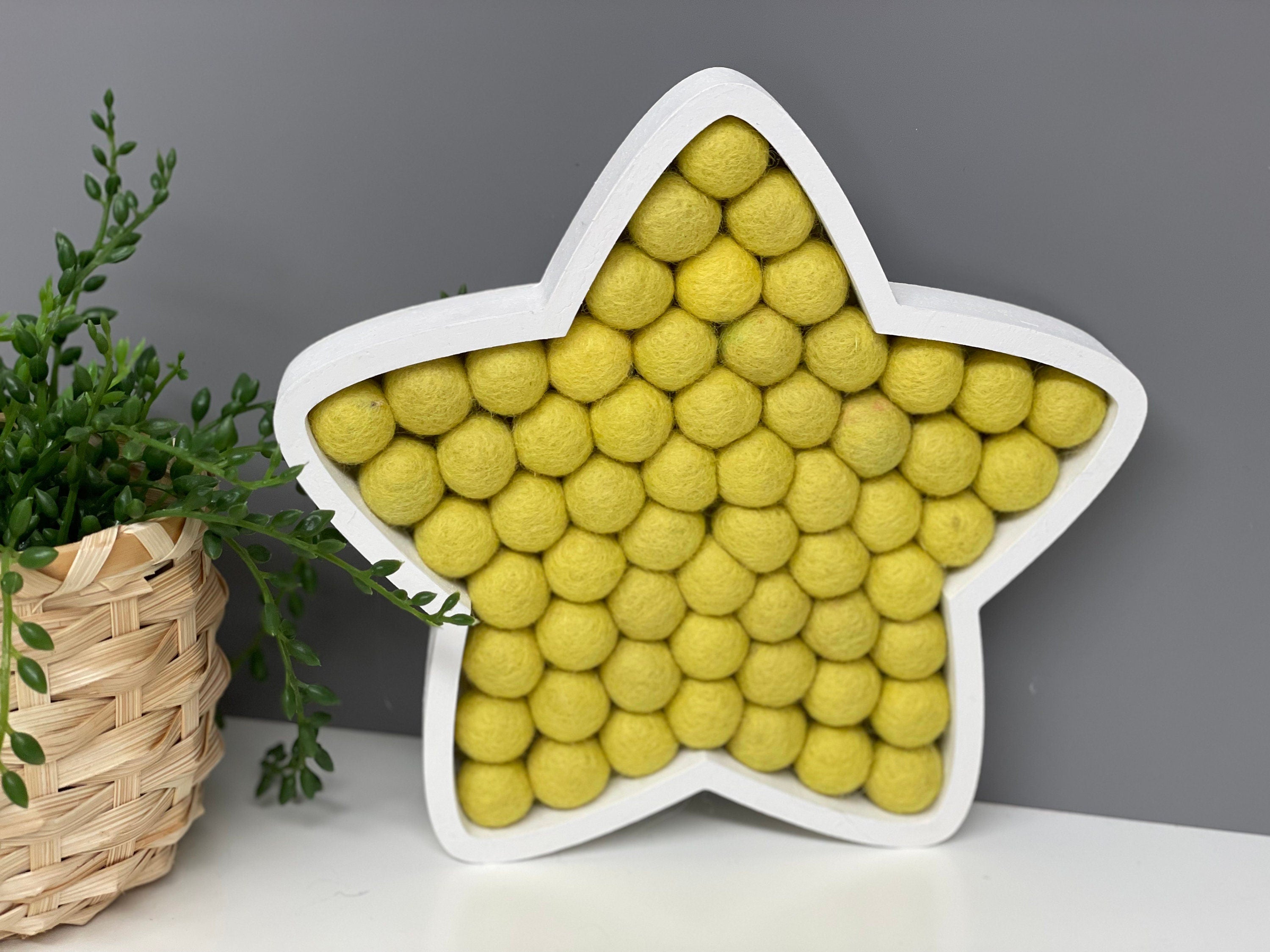 Wool felt Pom Pom star - fillable star - wooden star - nursery decor - Pom Pom decor