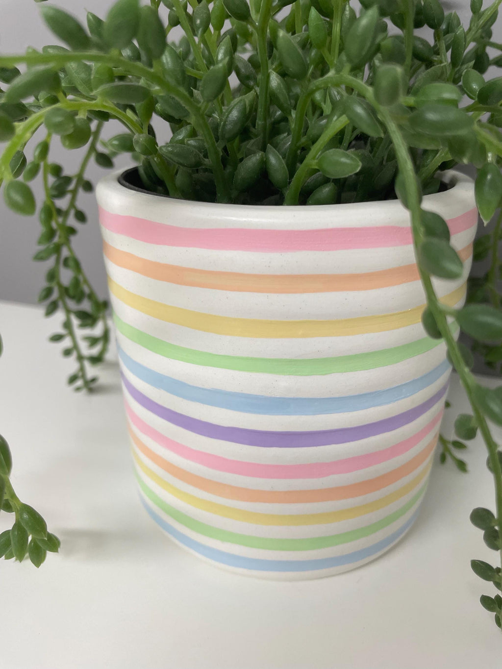 Hand Painted Ceramic Plant Pot, Pastel Rainbow Stripe Design.