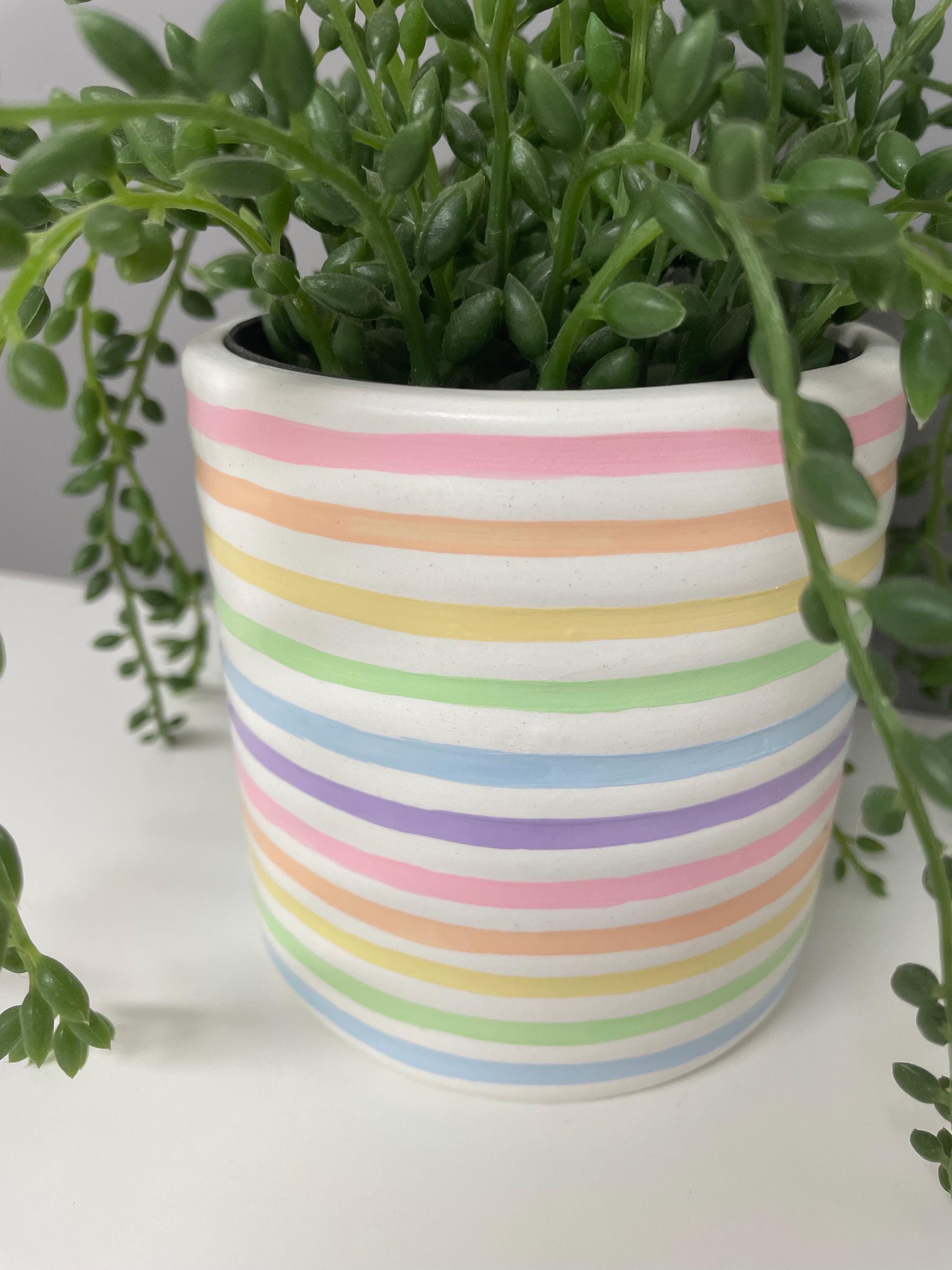 Hand Painted Ceramic Plant Pot, Pastel Rainbow Stripe Design.