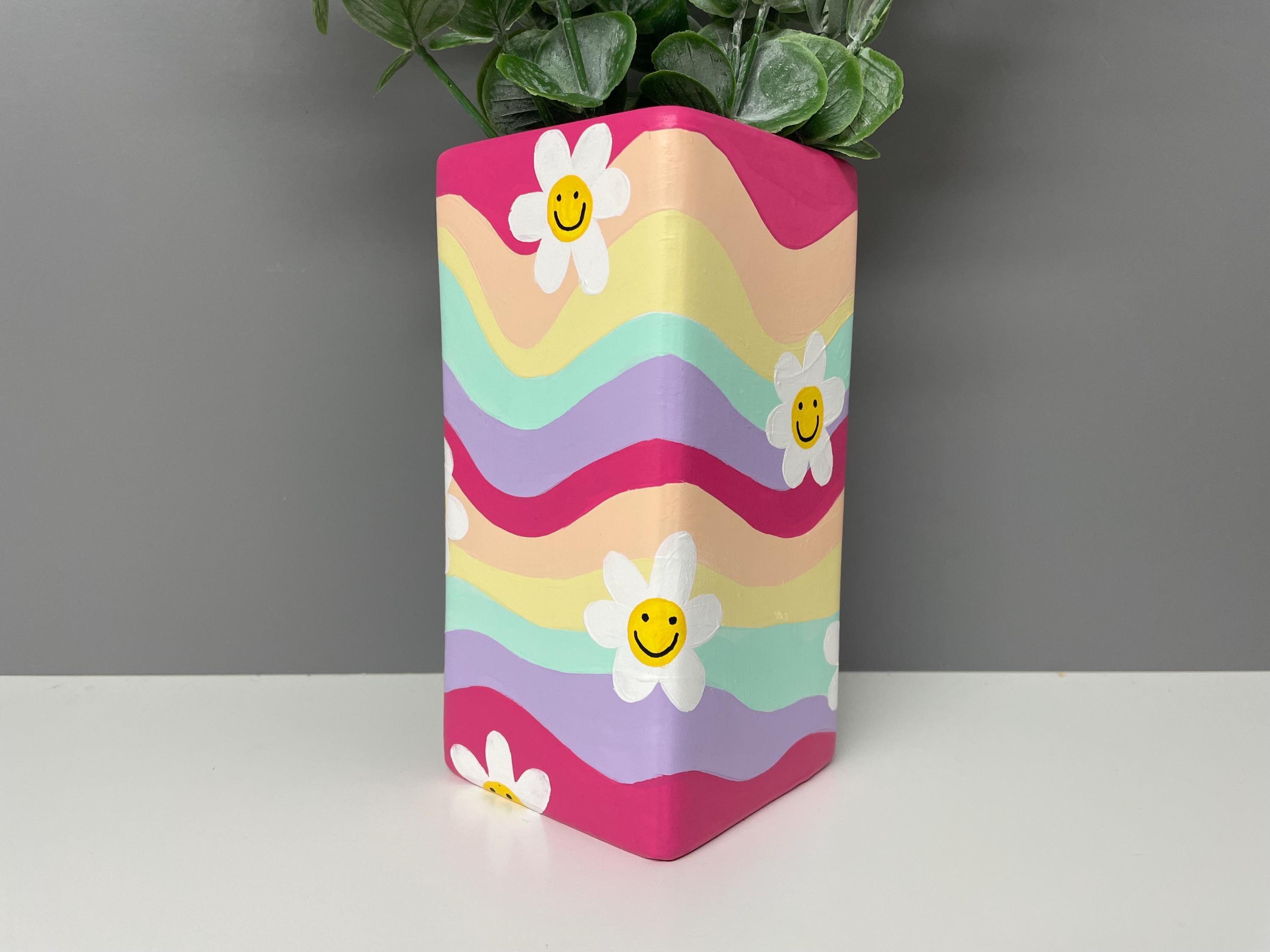 Flower, smiley face hand painted pastel coloured waves ceramic vase