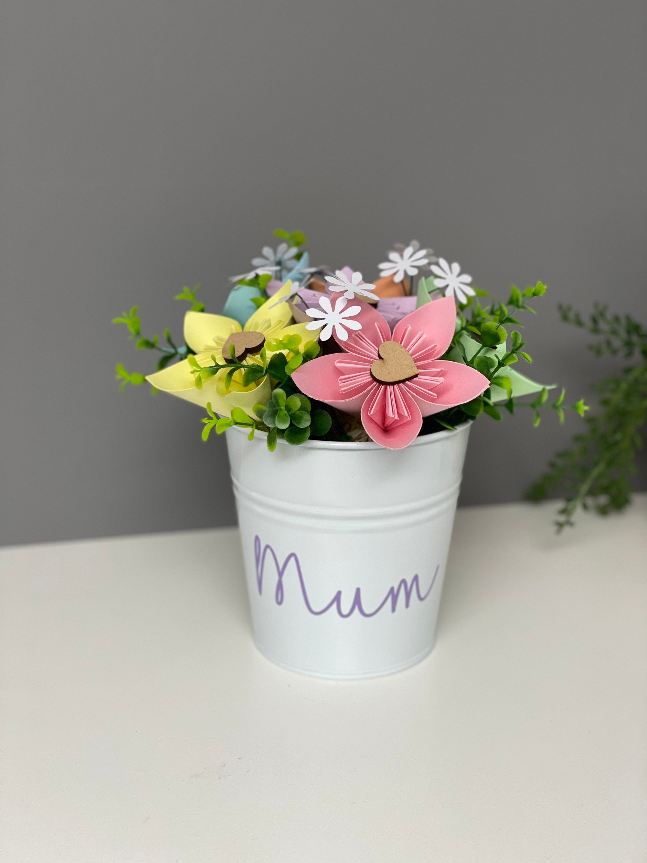 Paper flower pot, pastel paper flowers, Mother’s Day, table decorations, valentines.