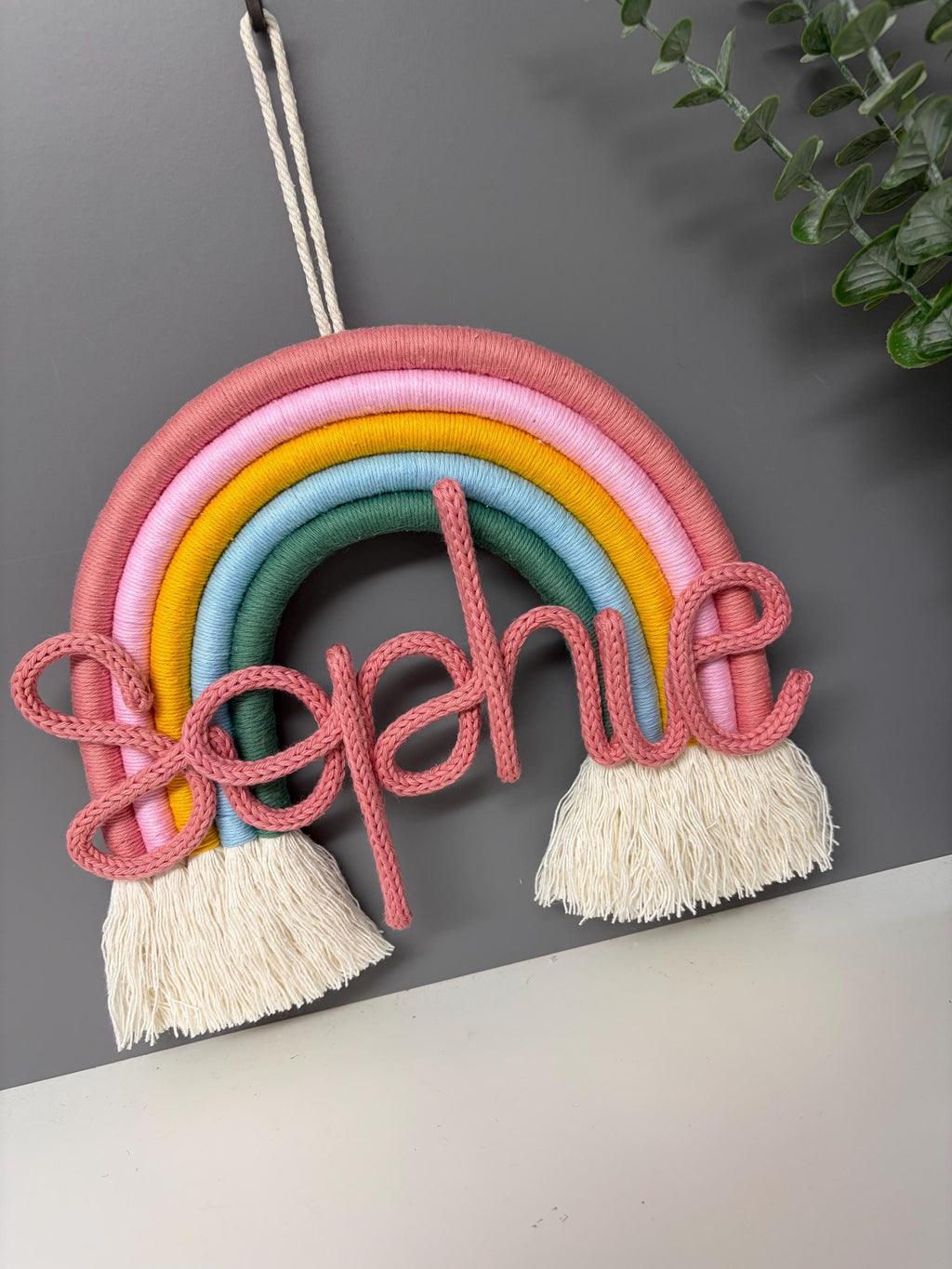 Personalised macrame rainbow with knitted wire name - nursery decor - new baby gift - home decor - rainbow wall hanging - knitted wire words