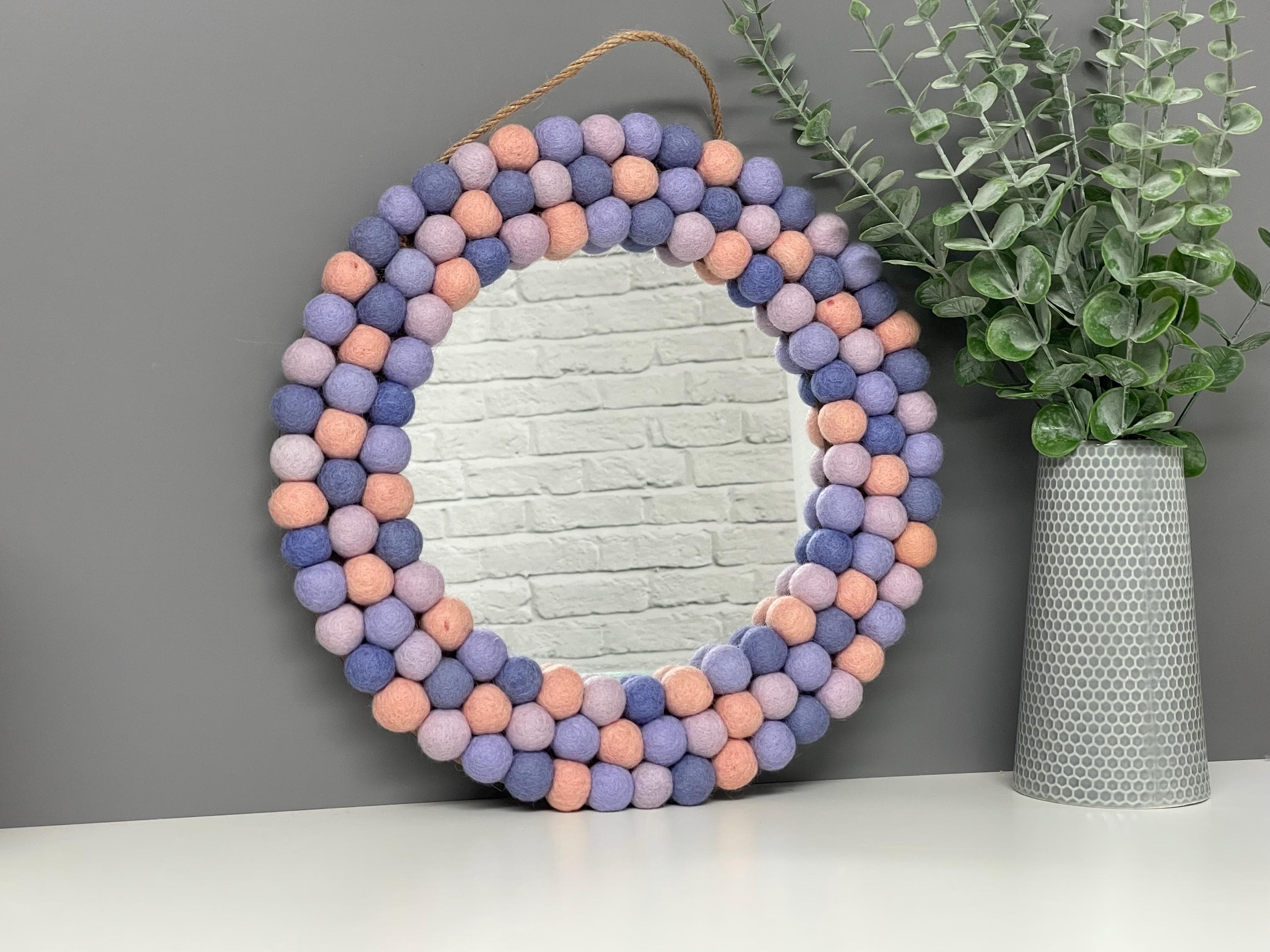 Medium Circular Hanging Pom pom mirror, pastel purple, lilac, pale pink,  rainbow Pom Poms, playroom, nursery decor