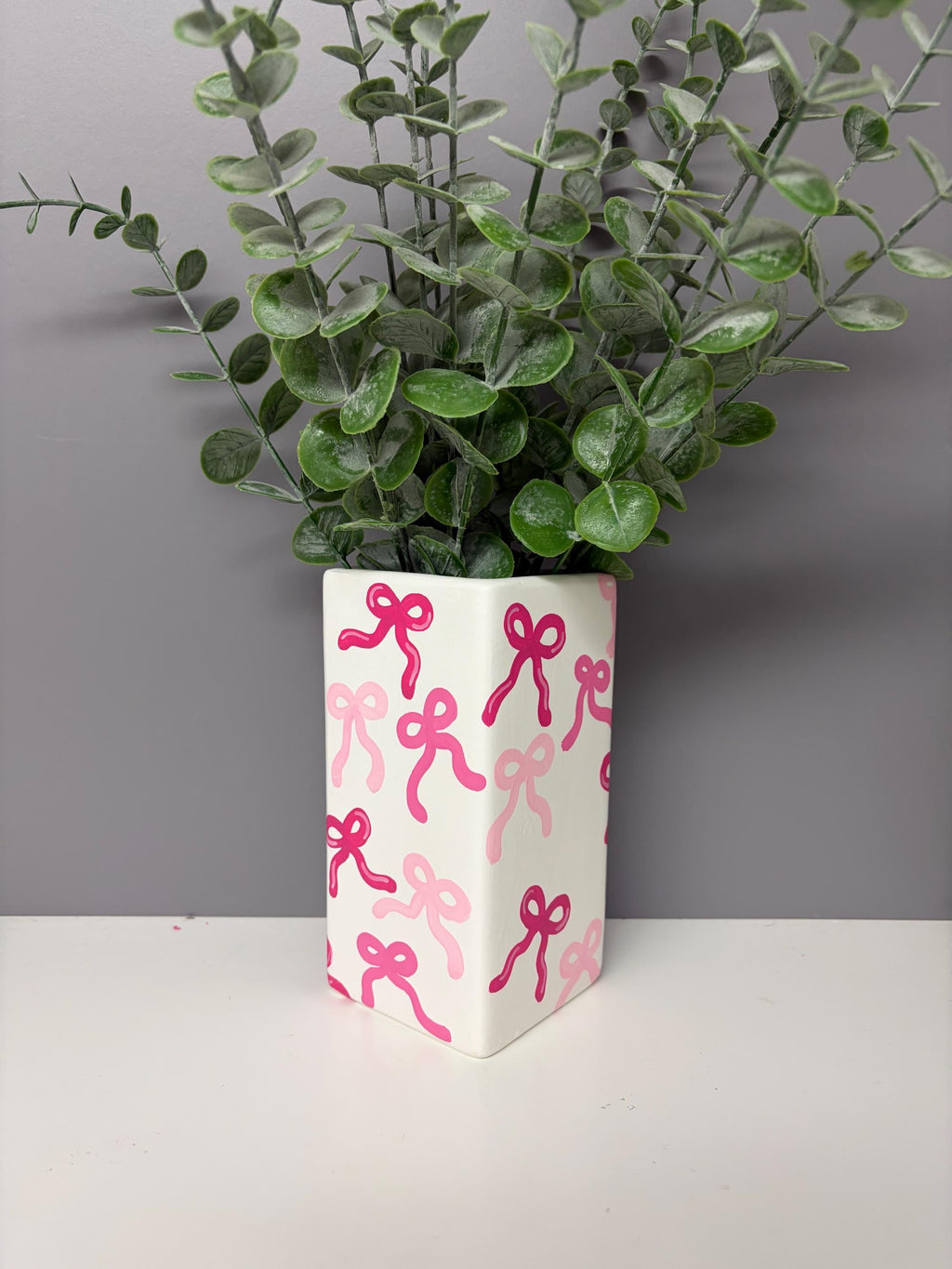 Bow hand painted ceramic vase, shades of pink, pink bow vase.