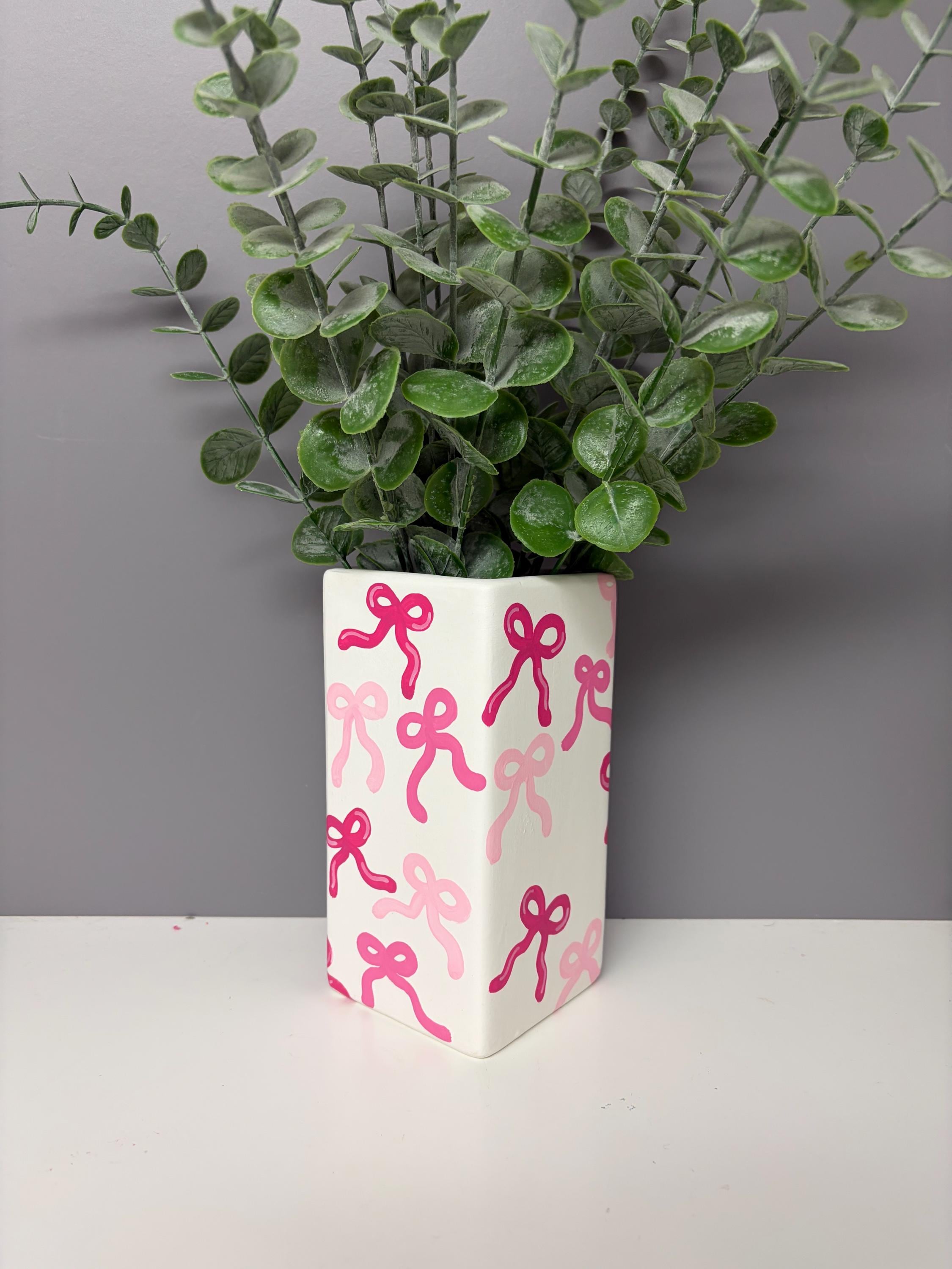 Bow hand painted ceramic vase, shades of pink, pink bow vase.