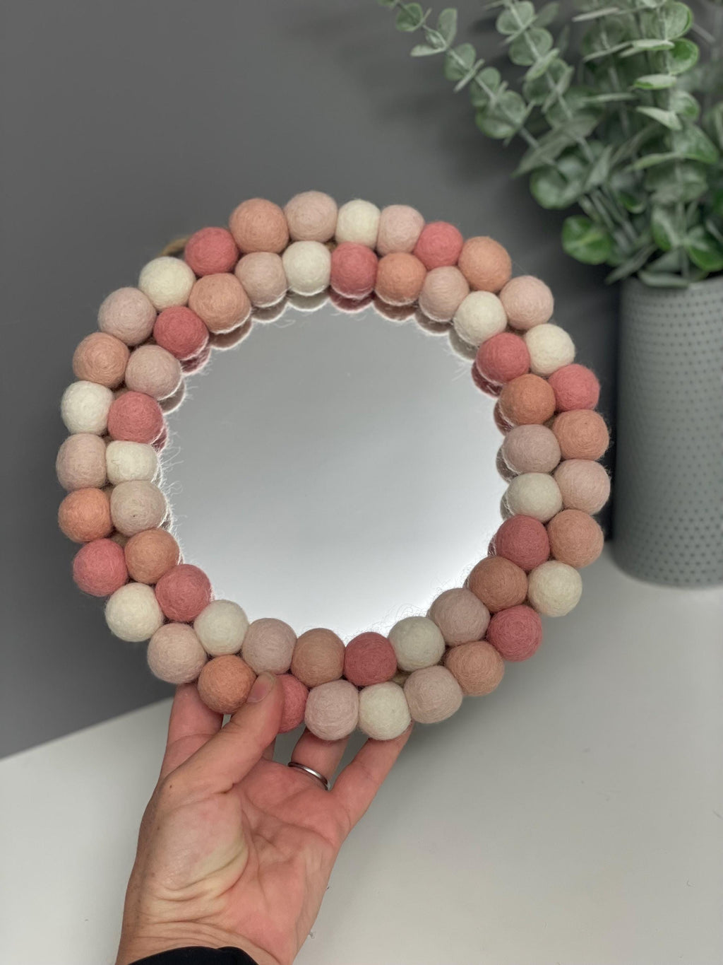 Pom Pom Wall Mirror, Pink & White Wool Felt Nursery Decor, circular mirror