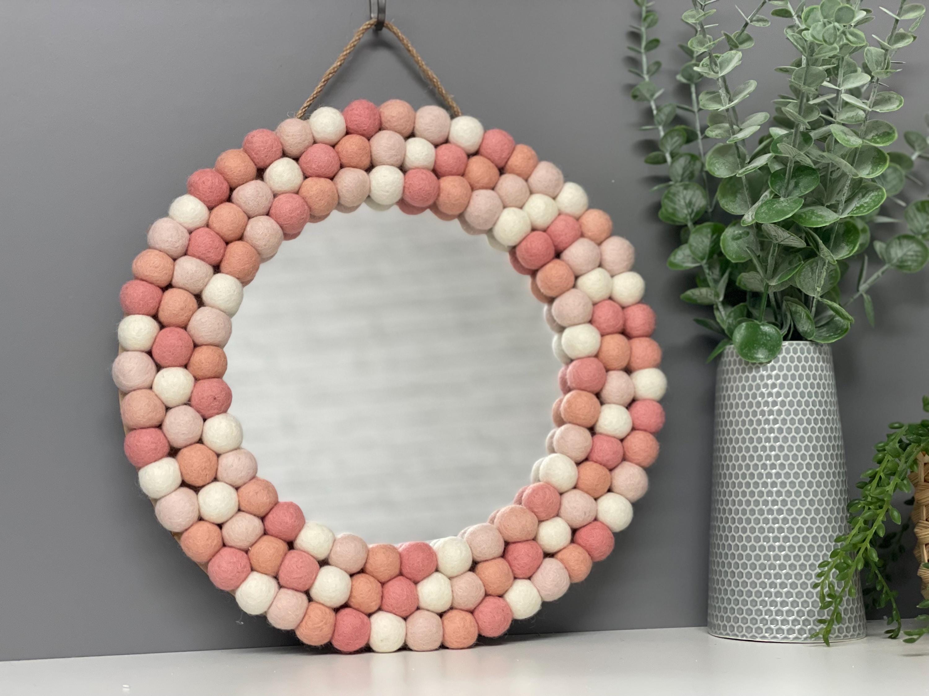 Wool Felt Pom Pom Mirror, Pink & Cream Nursery Decor, circular wall mirror