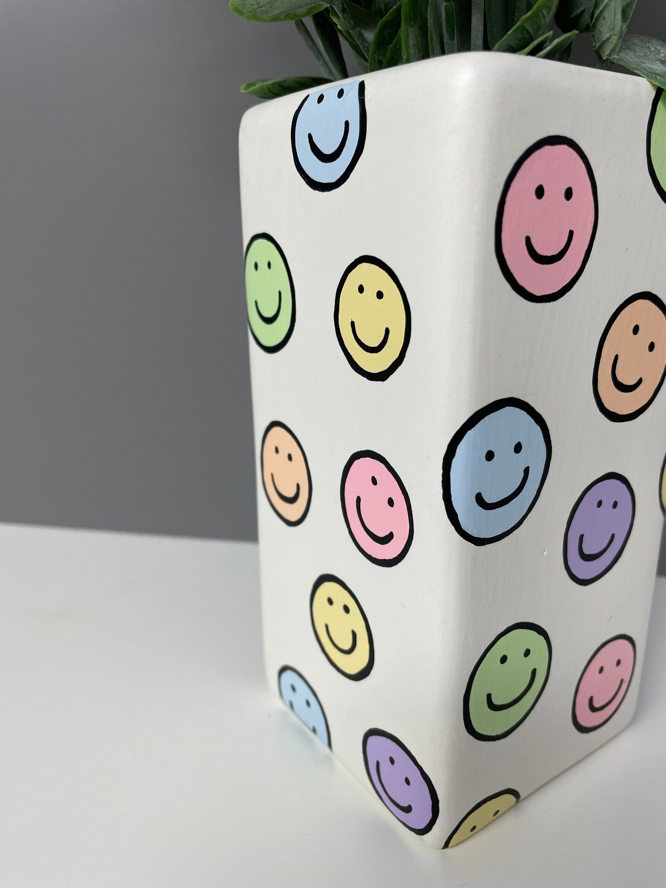 Smiley Face hand painted pastel coloured ceramic vase