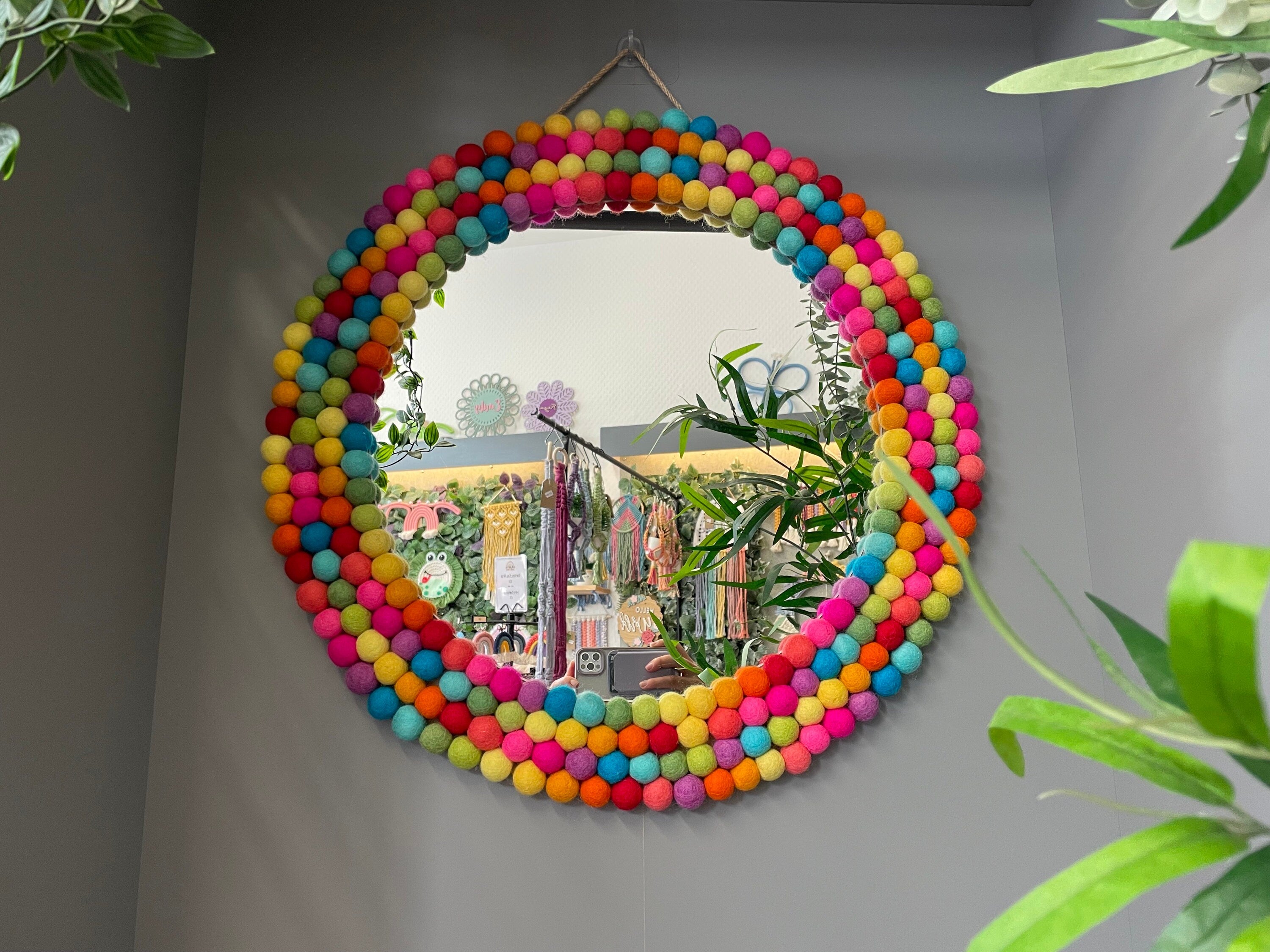 Large Circular Hanging Pom Pom mirror, rainbow pom Poms, playroom decor, nursery.