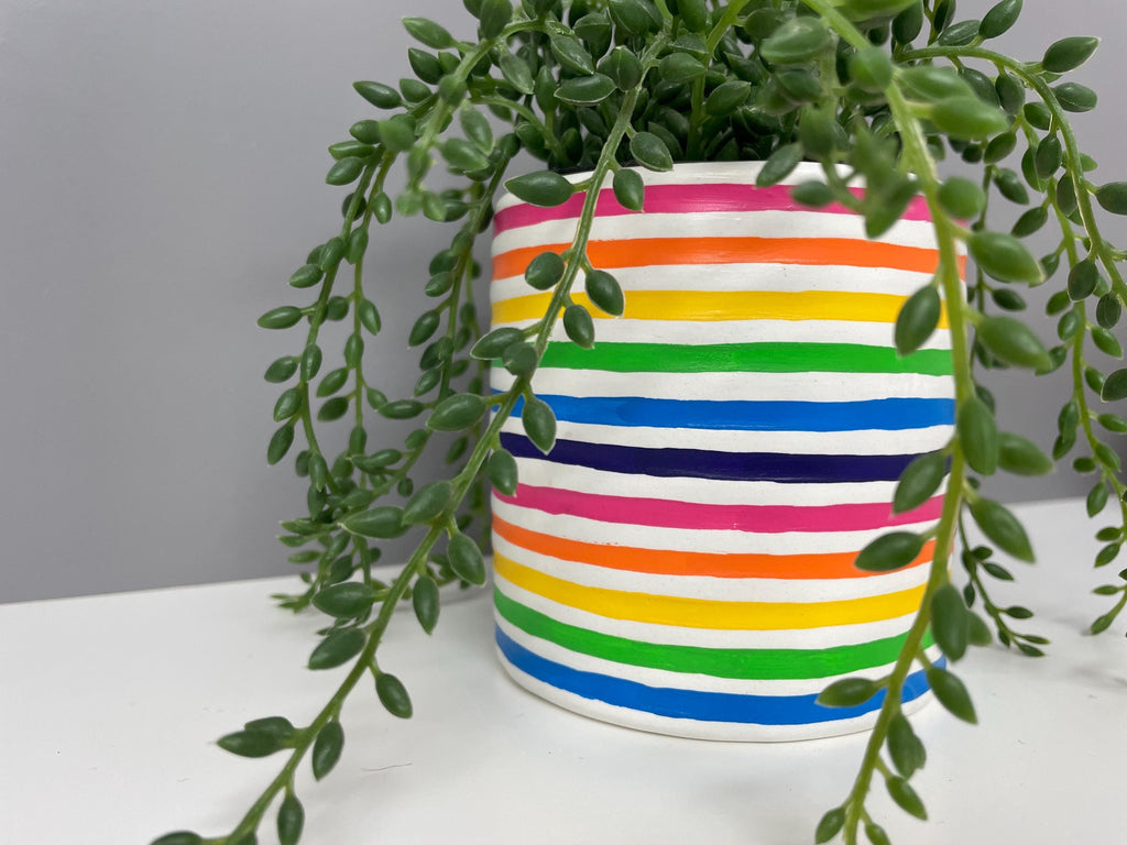 Hand Painted Ceramic Plant Pot, Rainbow Stripe Design. Bright plant pot