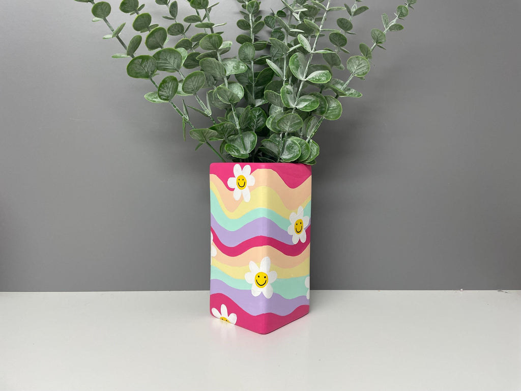 Flower, smiley face hand painted pastel coloured waves ceramic vase