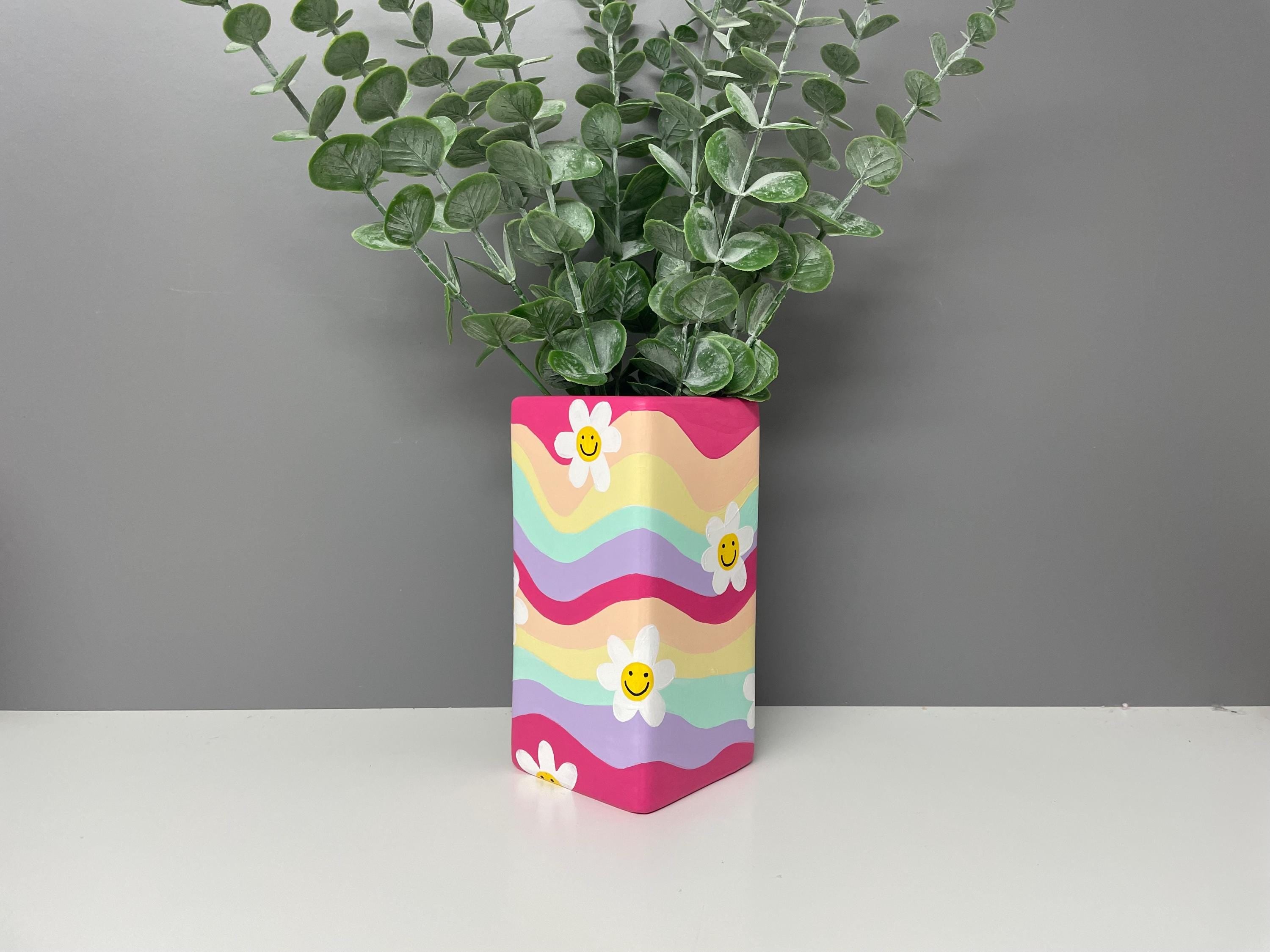 Flower, smiley face hand painted pastel coloured waves ceramic vase