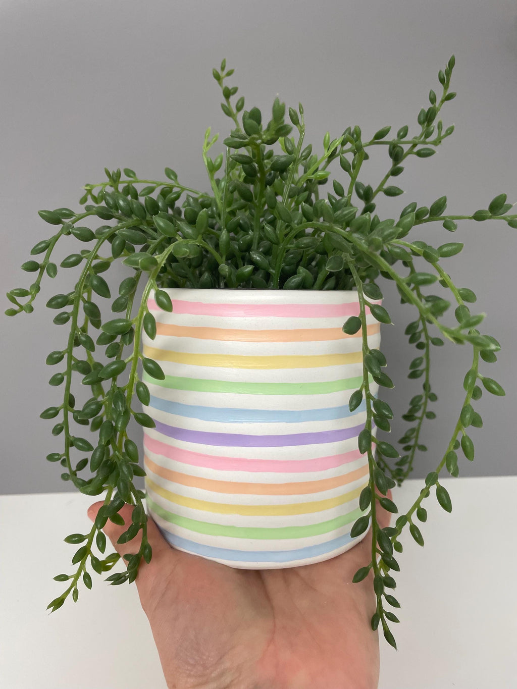 Hand Painted Ceramic Plant Pot, Pastel Rainbow Stripe Design.