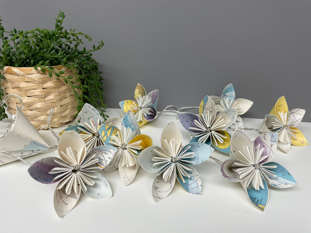 Sea chart paper flower fairy lights, recycled sea charts.