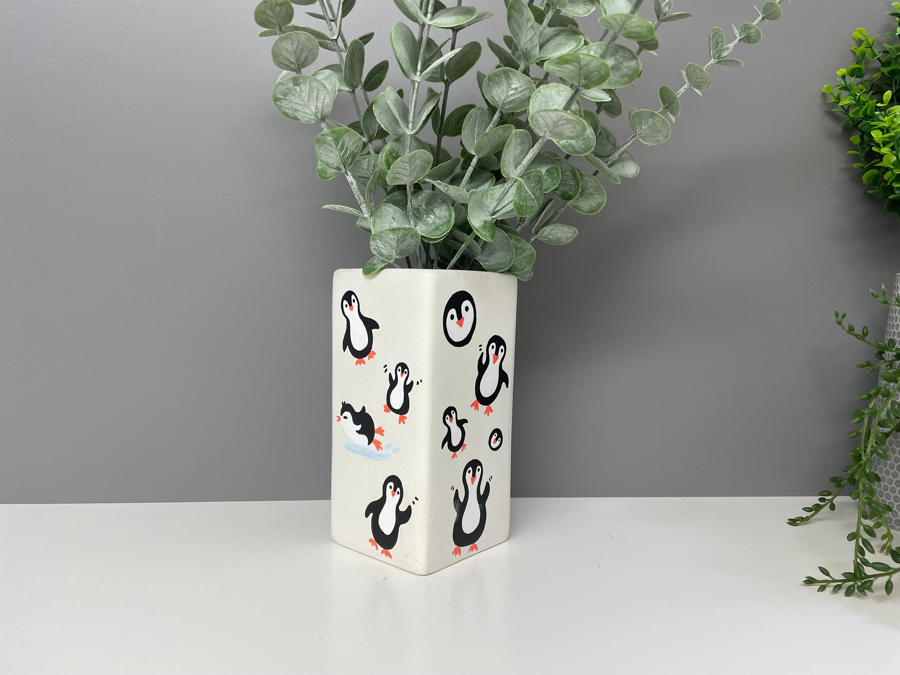 Hand painted penguin theme ceramic vase