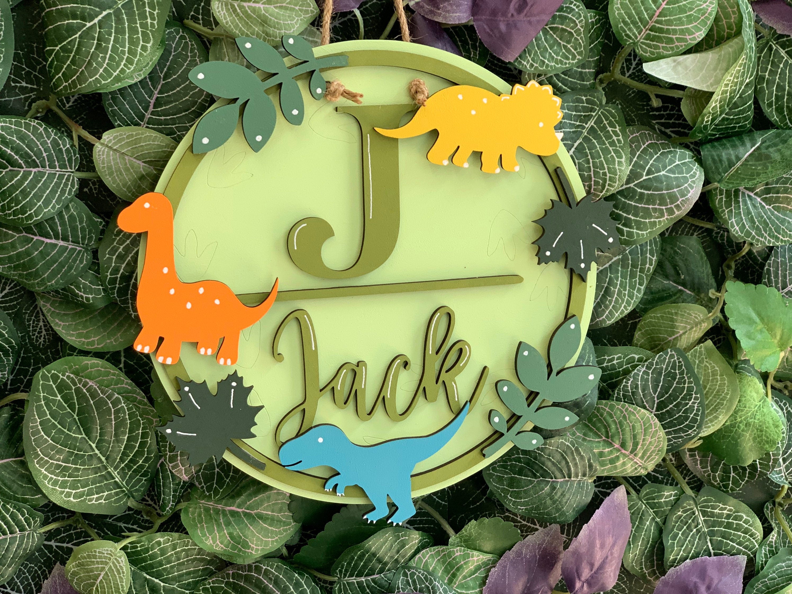 Dinosaur name plaque - Dino door sign - wooden plaque - wall sign.