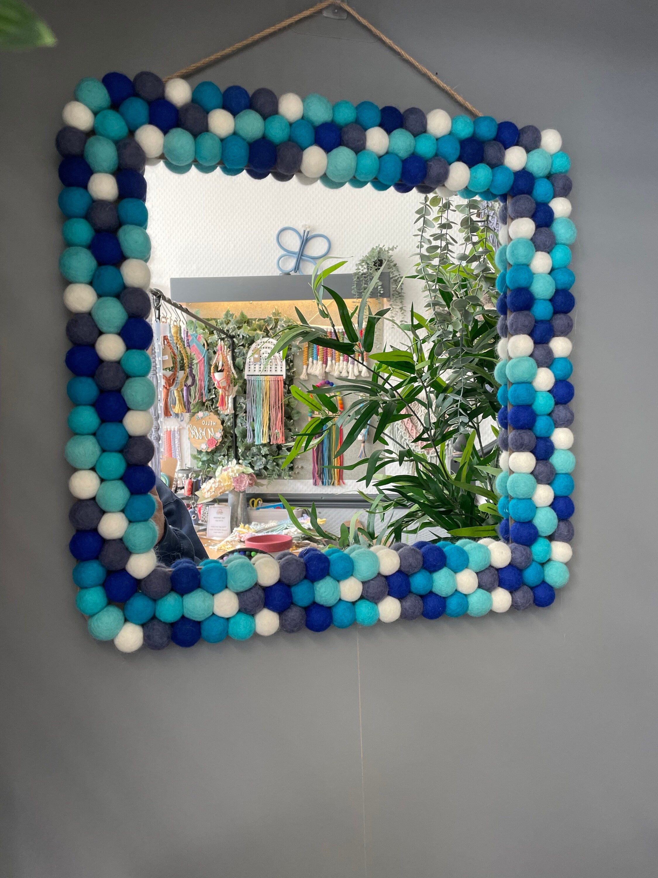 Square Pom Pom wall hanging mirror
