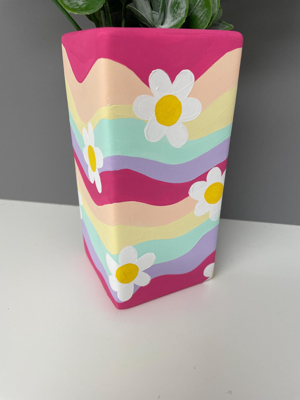 Flower, smiley face hand painted pastel coloured waves ceramic vase