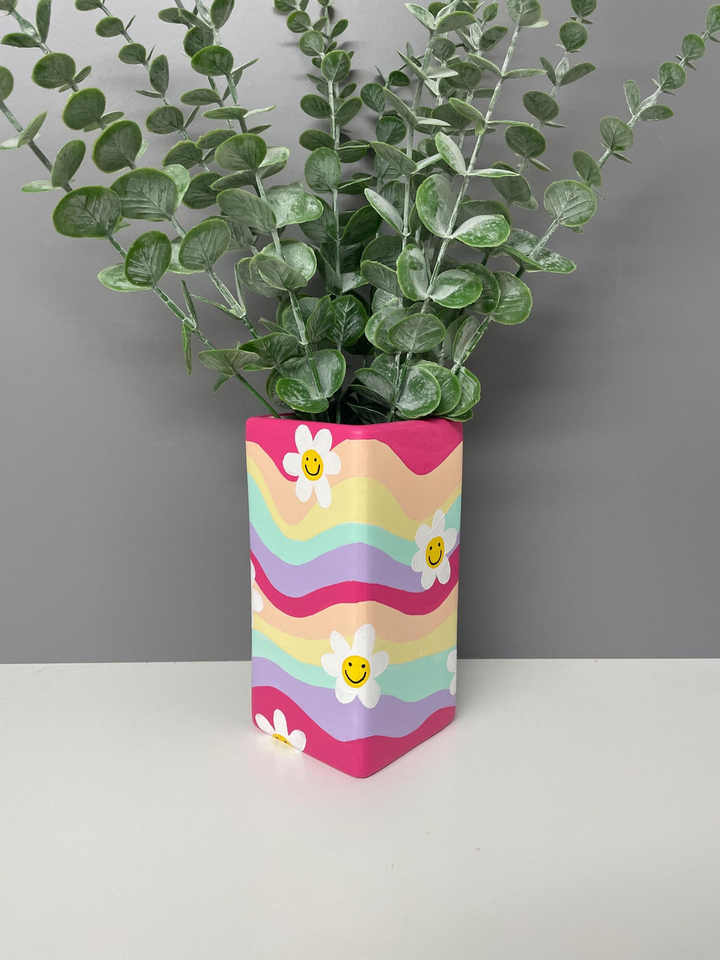 Flower, smiley face hand painted pastel coloured waves ceramic vase