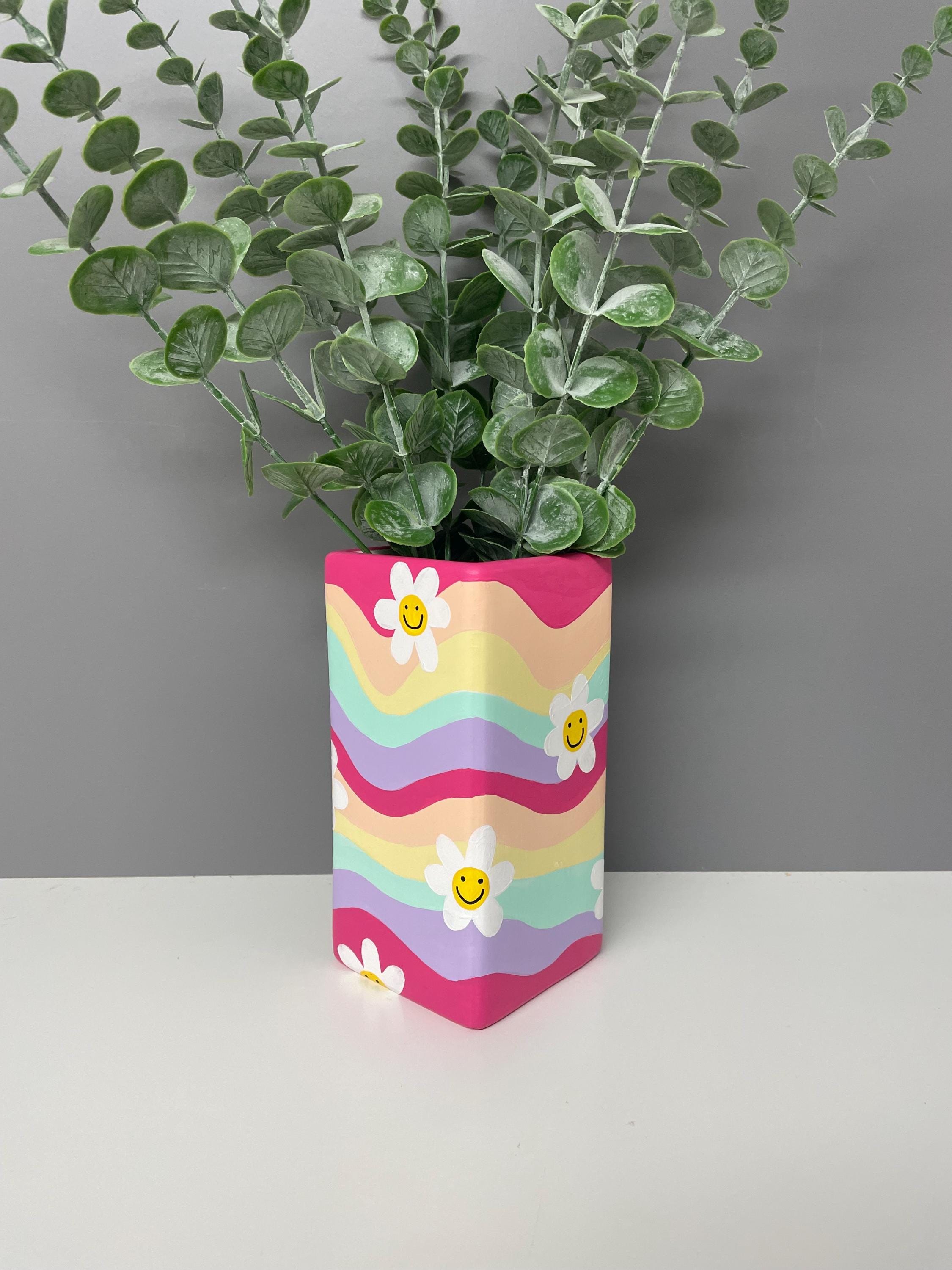 Flower, smiley face hand painted pastel coloured waves ceramic vase