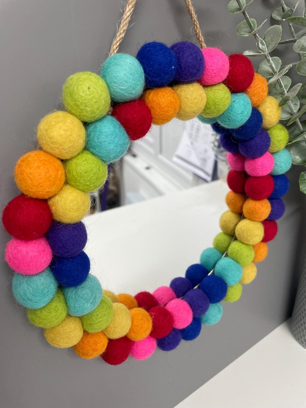 Small Pom Pom mirror, circle mirror, playroom decor, nursery decor, rainbow mirror