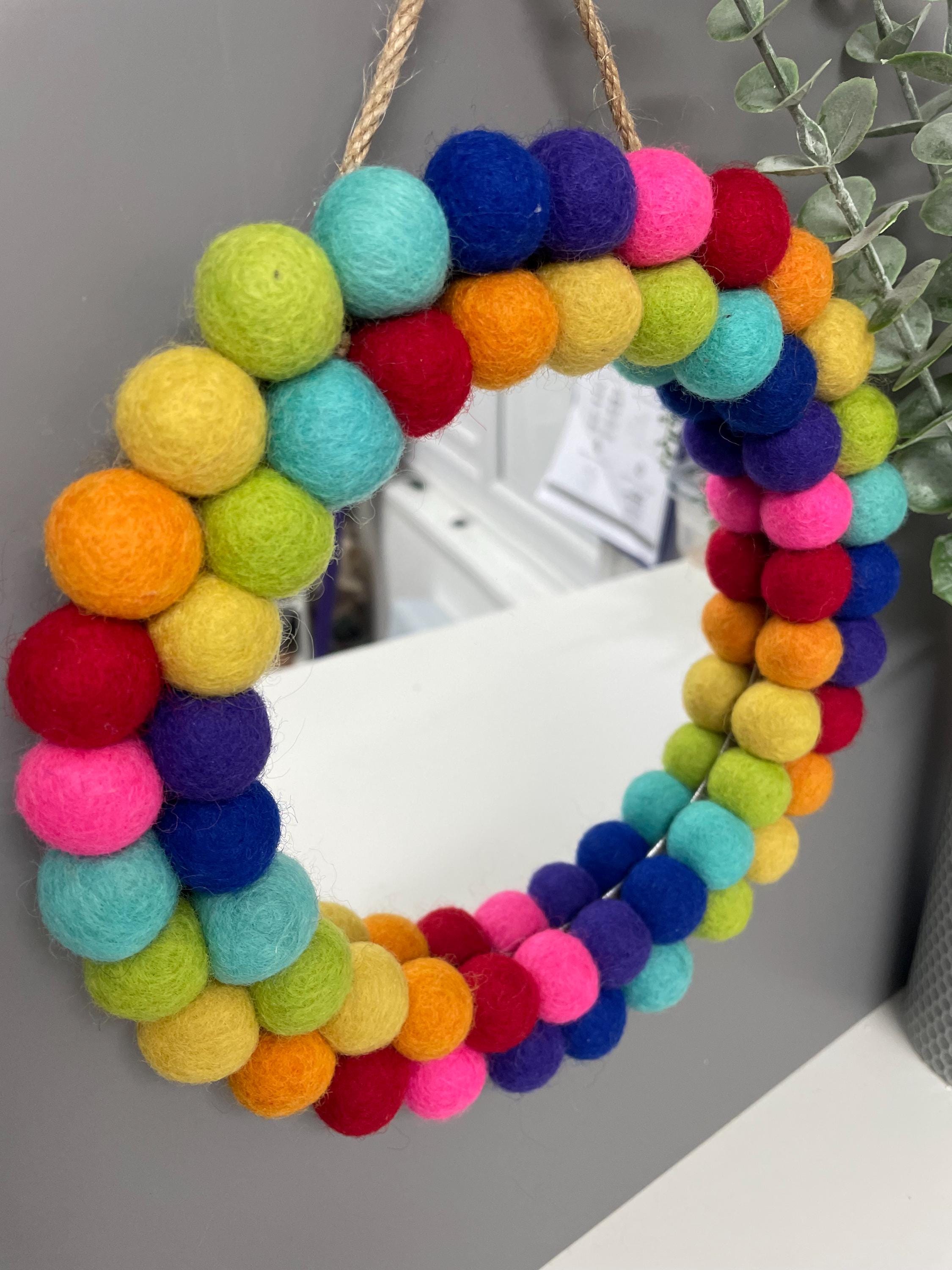 Small Pom Pom mirror, circle mirror, playroom decor, nursery decor, rainbow mirror