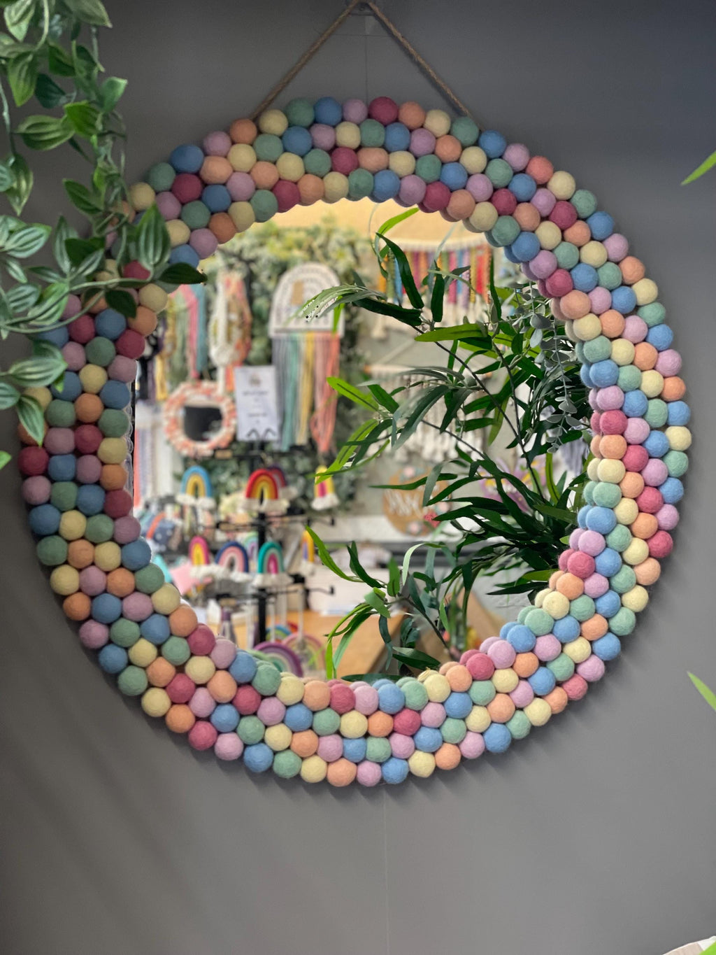 Large Circular Hanging Pom Pom mirror, rainbow pom Poms, playroom decor, nursery.