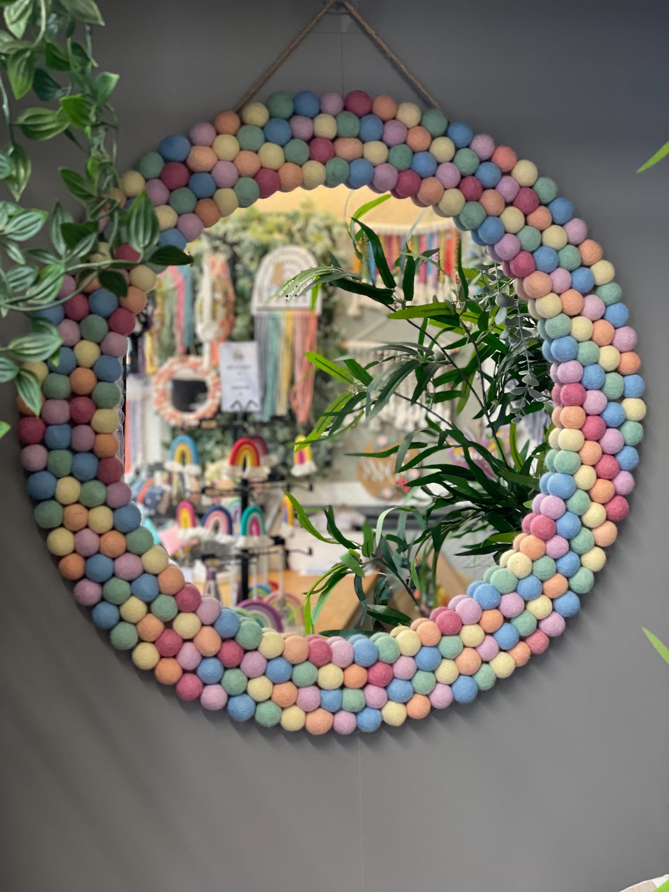 Large Circular Hanging Pom Pom mirror, rainbow pom Poms, playroom decor, nursery.