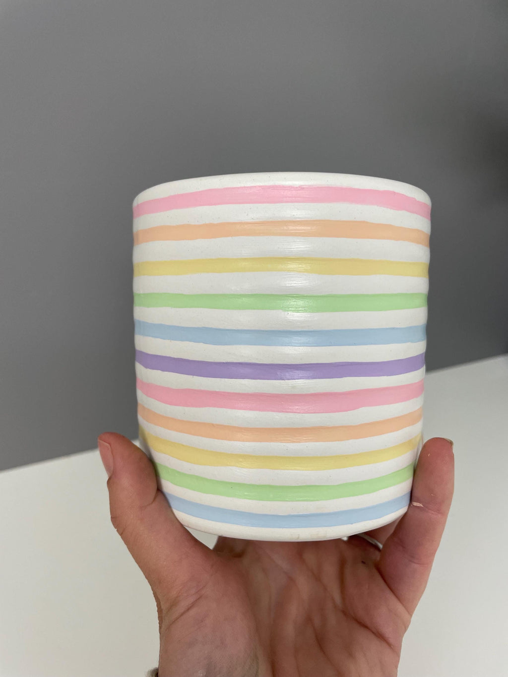 Hand Painted Ceramic Plant Pot, Pastel Rainbow Stripe Design.