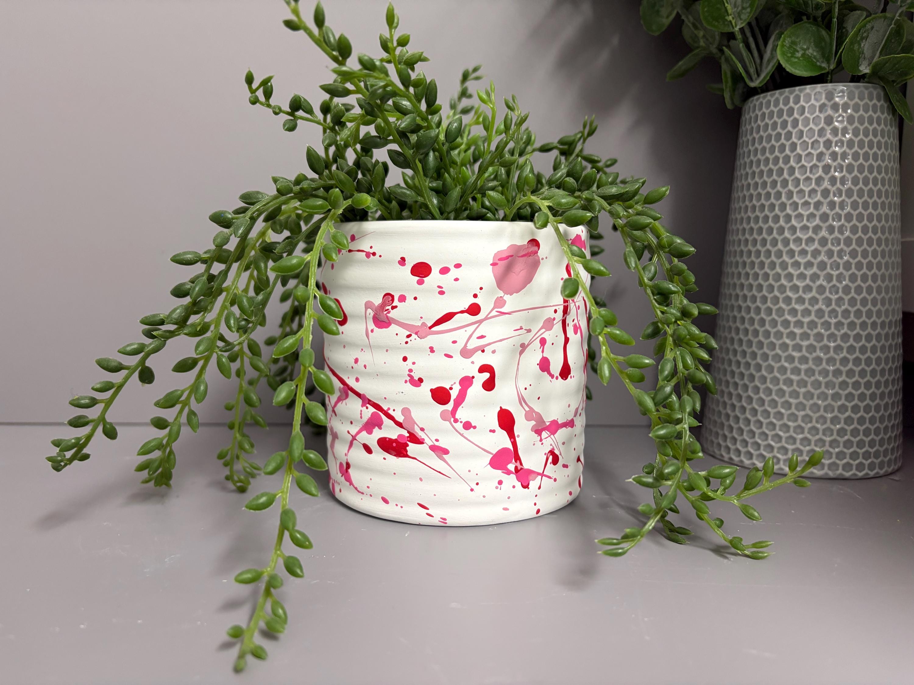 Hand Painted Ceramic Plant Pot, Pink and red plant pot, paint splatter plant pot.