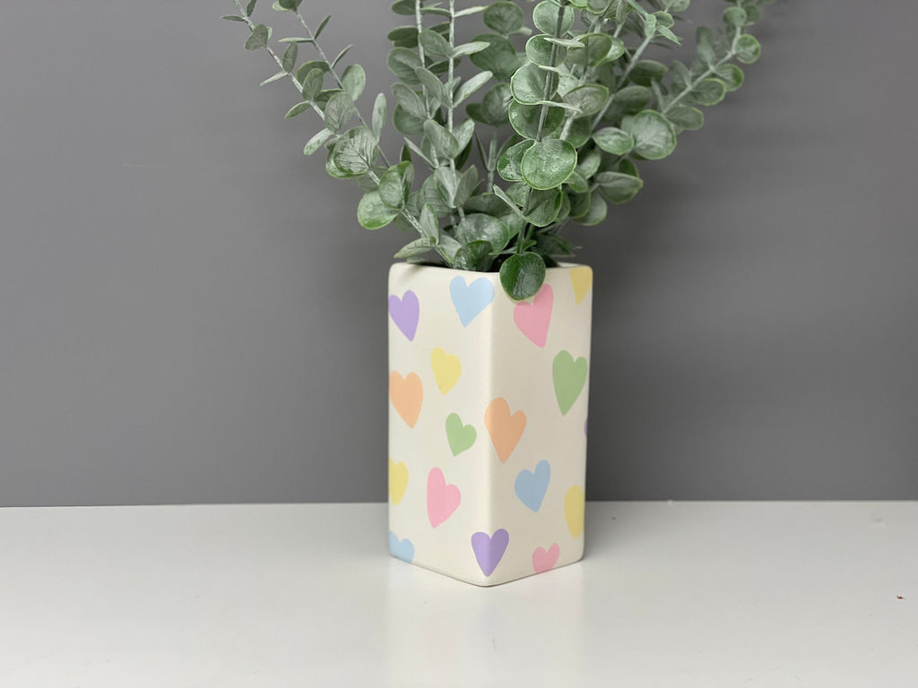 Hand painted ceramic pastel hearts vase, pastel rainbow, valentines gift, Mother’s Day.