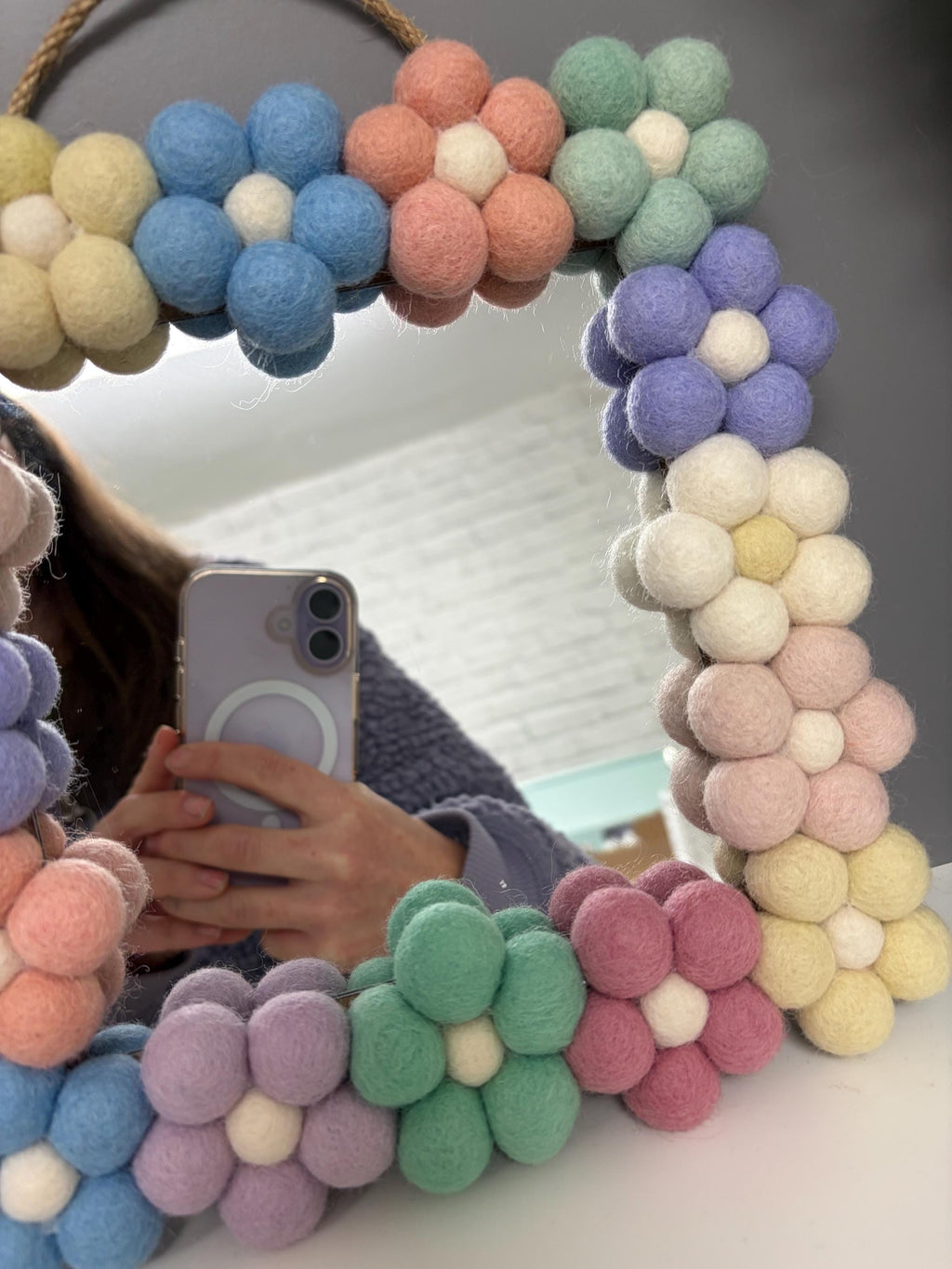Pom Pom flower Wall Mirror, Wool Felt rainbow Pom Poms, Nursery Decor, square mirror.