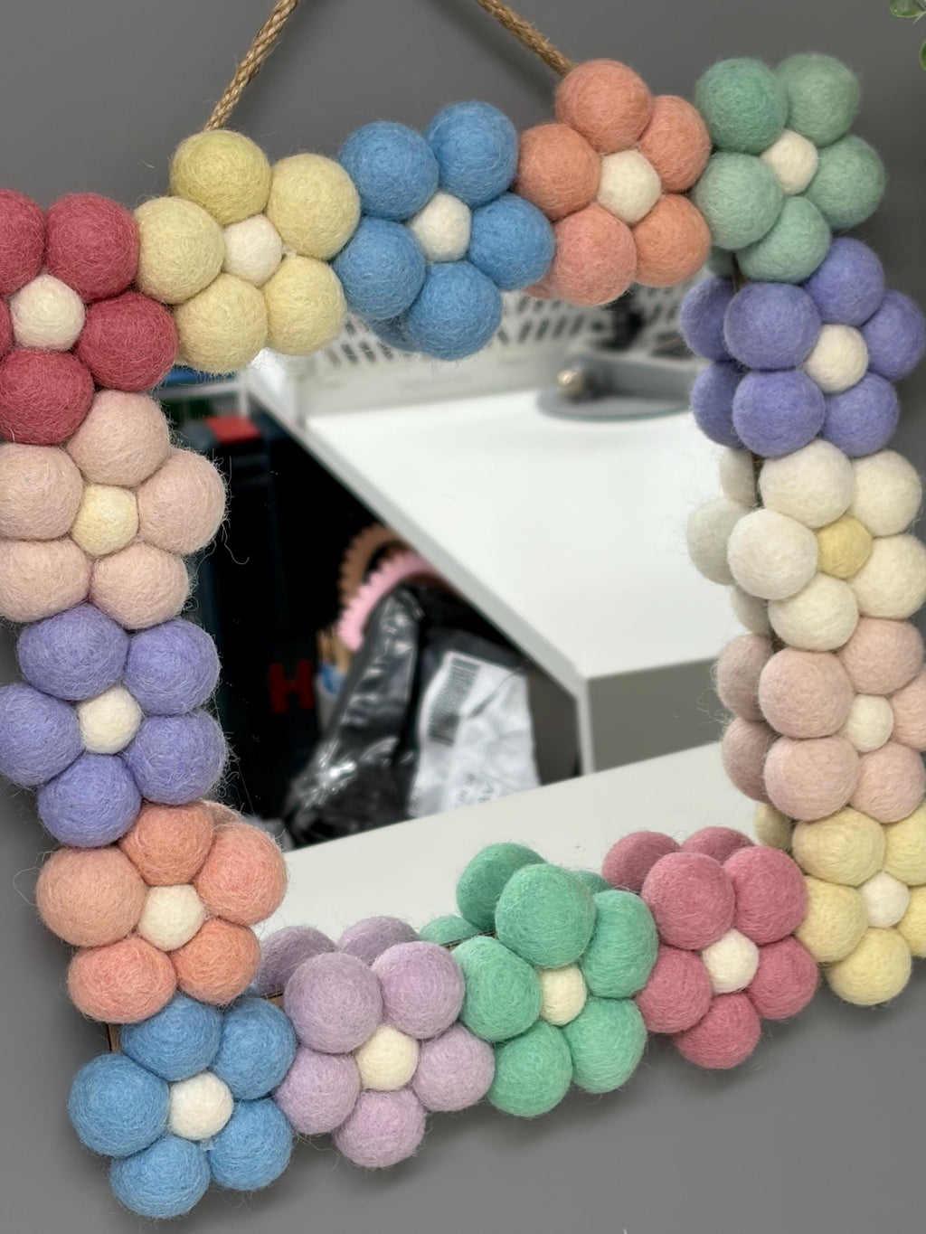 Pom Pom flower Wall Mirror, Wool Felt rainbow Pom Poms, Nursery Decor, square mirror.
