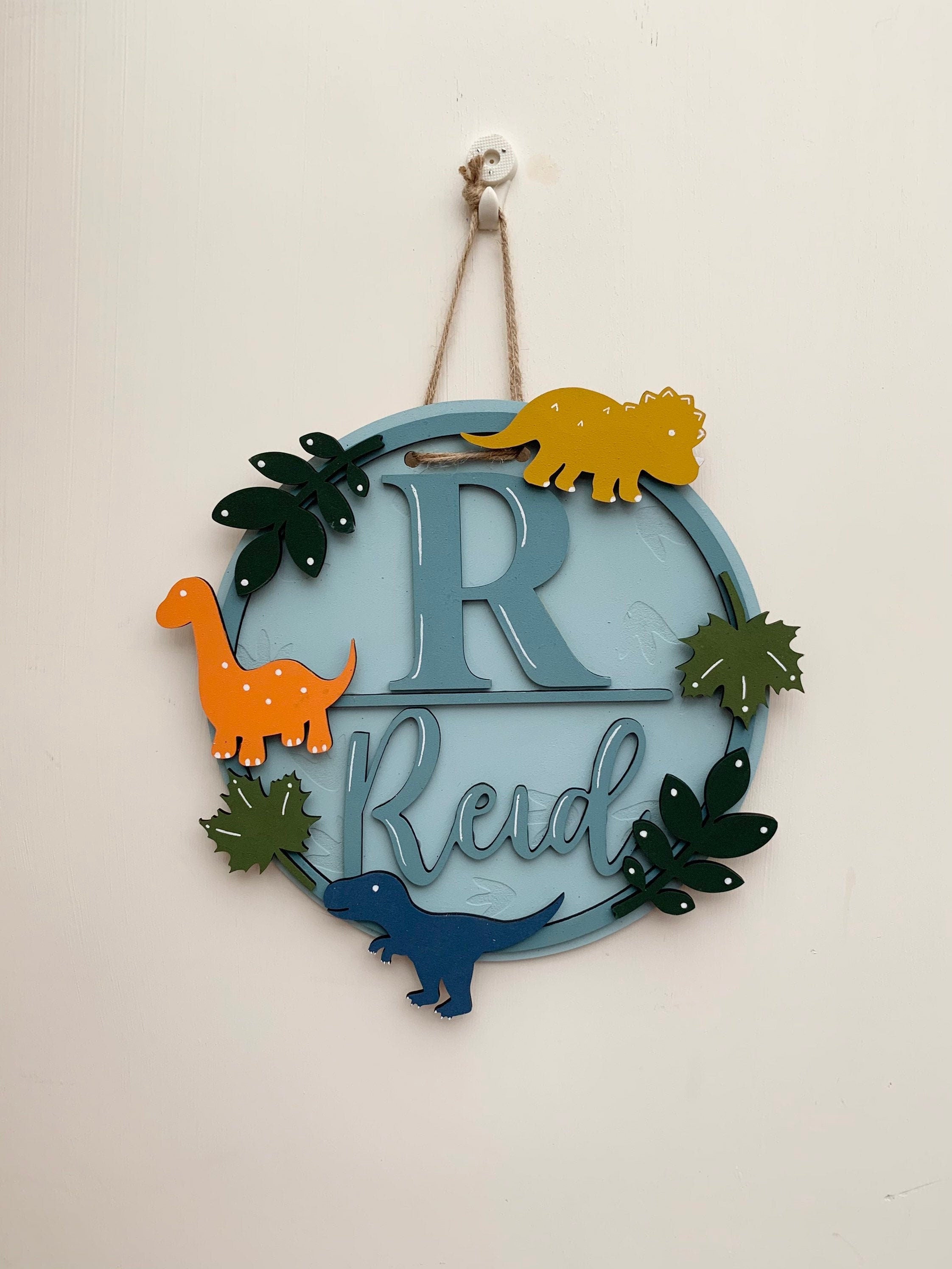 Dinosaur name plaque - Dino door sign - wooden plaque - wall sign.